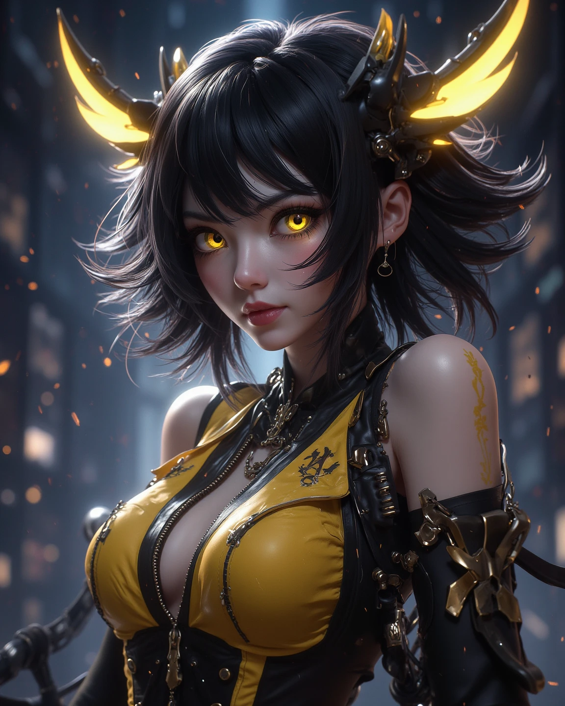NSFW、Black light、Real Art、A very delicate and beautiful Asian giant hornet girl、Super fine、1 、黒と黄colorの髪、Hornet personification、terrible、creepy smile、(((Spooky horror、wise、I was horrified、monster、Mobeki、Insanity))Glowing black eyes、floating、detailed light、An illustration、dynamic angle、Depth of bounds written、((((())))、anthropomorphic wasp queen、long black hair、あなたのtoothを見せて、super beautiful girl(like the real thing)(Ultra A high)solve、best image quality)、(8K、RAW photo、best image quality、masterpiece)、technical sense、best image quality、masterpiece、An illustration、cg、sense of unity、wallpaper、official art、amazing、finely、very delicate and beautiful、very detailed、very detailed、sharp focus、rich background、(real human being、image)、((high definition skin))Vicious face、creepy smile、 Close-up、creepy pupils、face with shadow、bags under eyes、big smile、tooth、Golden pupil、creepy eyes、mad face、constricted pupils、黒color強膜、A disgusting girl from another world、8K、very small breasts,sharp long nails,Wasp needles,Wasp pattern with black,Wasp wings,color,