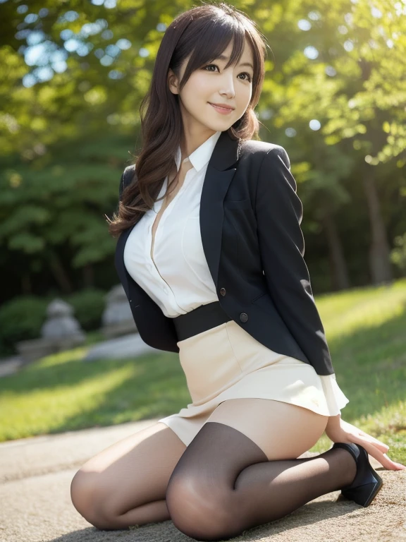 Pure Japanese young girl, outstanding body, wearing loose formal suits, (lace panty), (stockings), high heels, formal makeup, natural hair styles, sitting, lift up skirt, spread wide legs, sweet smile, professional portrait photography, summer morning light,