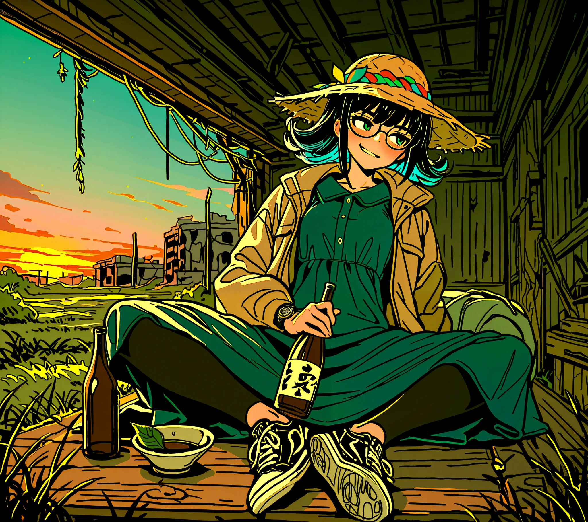 (masterpiece,very awa,very aesthetic),perfect anatomy,(solo,1girl),25yo,slender,tall,medium hair,black hair,natural wave hair,flipped hair,dark green eyes,comfortable,smirk,glasses,(straw hat with leaf color ribbon:1.2),carrying a aqua blue rucksack, (maxi length parka dress with gradient earth color,black leggings),long sleeves,khaki jacket,drinking sake,sake bottle,drunk,Sneaker Shoes,wristwatch,abandoned brewery,sake brewery,Large metal tanks,ruins,indoors,cracked ground,grass,evening,dusk sky,sunset,(sitting on wooden box),looking away,spread legs,foot focus