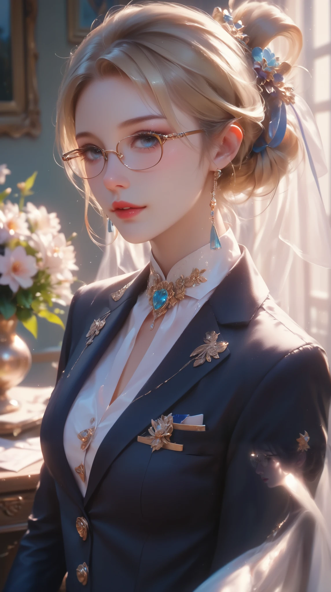 (( top quality)),( ultra high resolution),( very detailed),( Detailed Explanation ),(( best CG )),( BEST ARTWORK ), Ultra-precise art, Amazing Painting Art,(Exquisite art:1.5), high school girl, Beautiful Well-Dressed Face , blazer uniform, Hair tied together , intellectual, Glasses, cool beauty, A gentle breeze, soft sunshine, The scent of flowers,