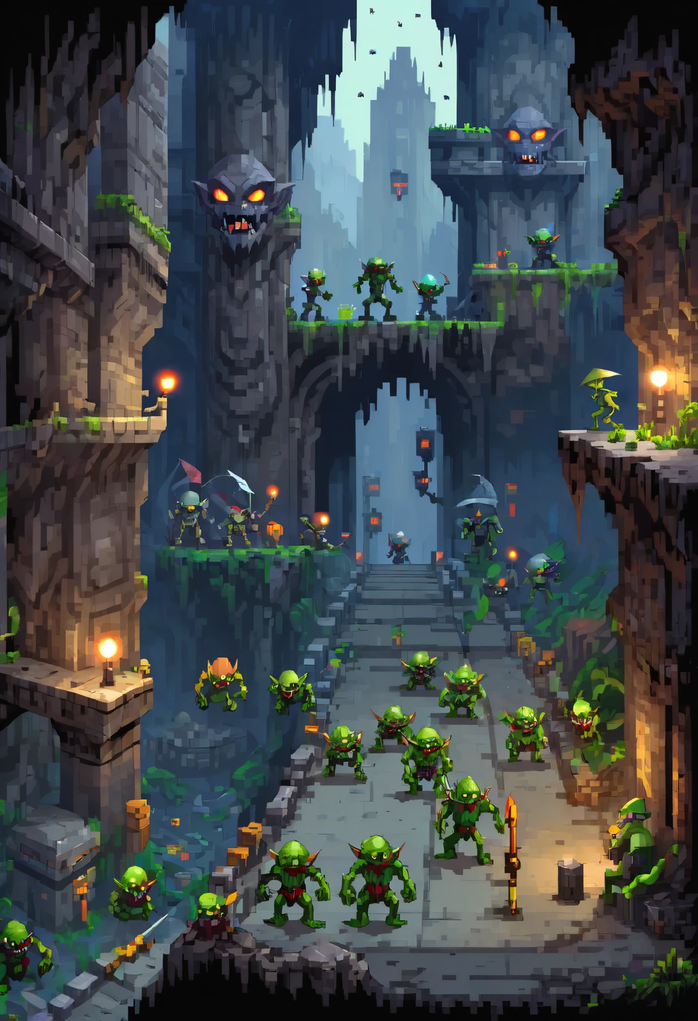 RPG game screen 、2D、2 heads、Pixel art、 explore an underground metropolis 、 lots of goblins move around