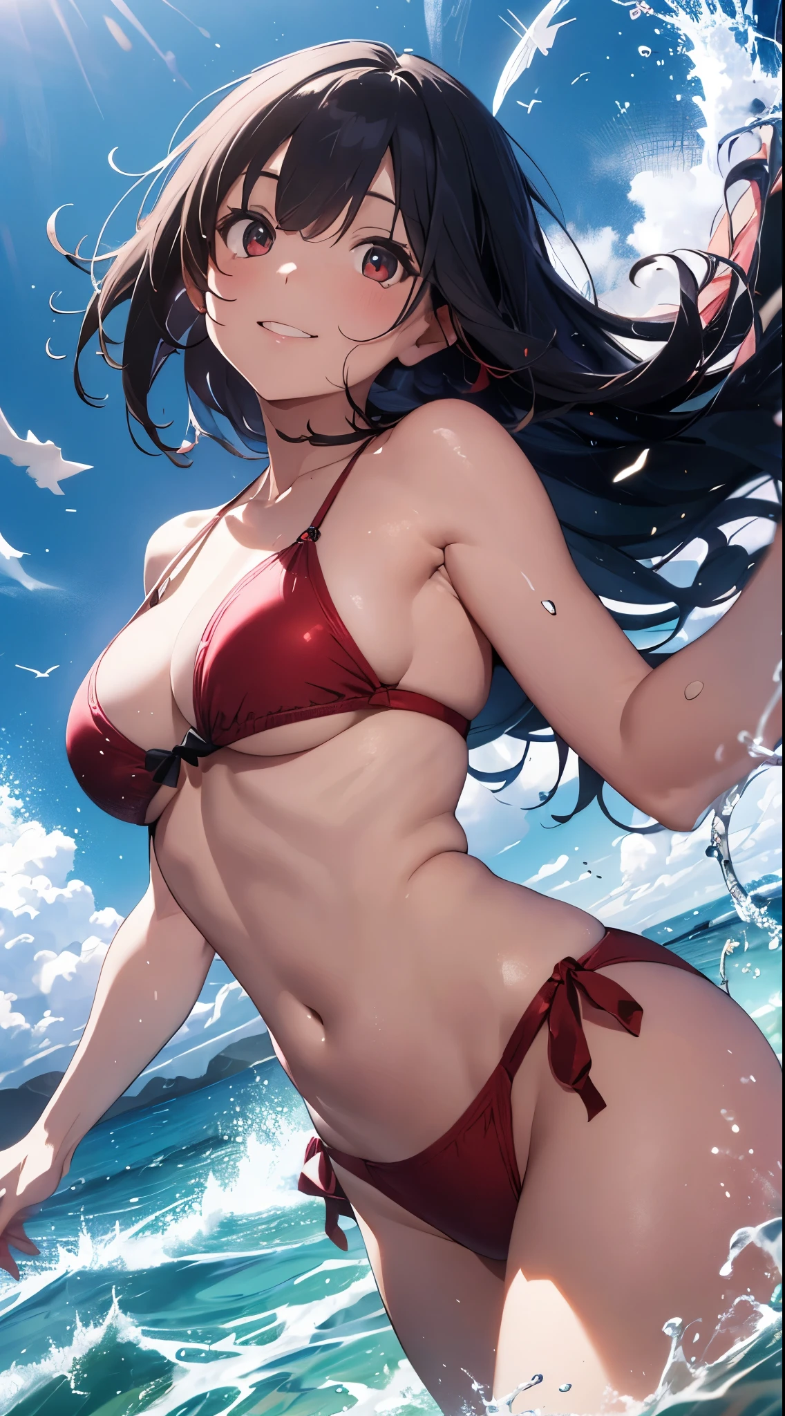 NSFW, (((Uncensored))), (((Clear picture))). high image quality, high resolution, 18 year old beautiful girl、shiny black hair、Hime cut、Brown eyes, dark eyebrows, J-cup huge breasts、172cm tall、Long legs、red bikini, sexy pose, Sandy Beach、Blue sky