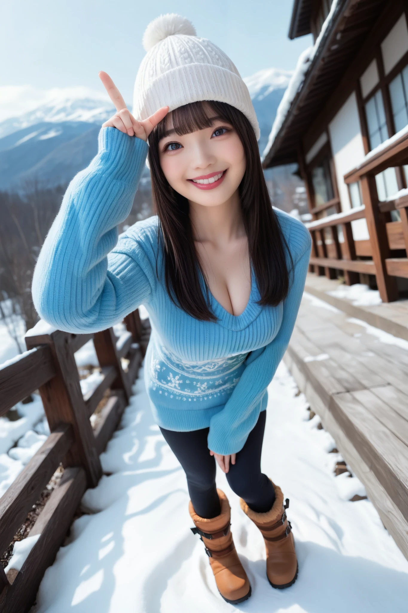 Very Detailed, Detailed, Best Quality, Ultra High Resolution, Highest Resolution, (((Wide Angle, Full Body Photo))), 20 year old Japanese female, Happy smiling face, Detailed facial expression, Detailed eye depiction, Wide open eyes, Cute double eyelids, Thick lips, Black hair, Black pupils, BREAK, Woman standing at ski resort wearing knitted hat and snowboarding wear, Wearing V-neck sweater underneath her wear, Wearing snow boots, (((Woman's wear opens to reveal cleavage, Cleavage visible through V-neck))), Snowy mountain, Vast sunny ski resort, Hime cut with blunt bangs, Looking at viewer,