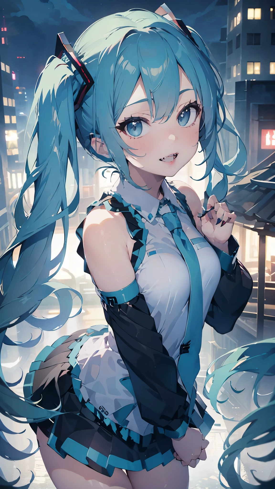 (Masterpiece,best composition,moody lighting,Best Quality,ultra-detail,Best Shadows,Rim lighting,Perfect composition),(front portrait:1.5),Hatsune Miku,dangerous Succubus Girl,sexy body,Perfect figure,light blue twin tails hair,shy smile, dreamy look,(((lips wide open and bare huge Fangs))),hatsune miku uniform,very delicate details fashion,beautiful legs,big tits,(((jumping here with the claws of both hands raised))),in the big city,(((at midnight,Beautiful skyscraper night view)))