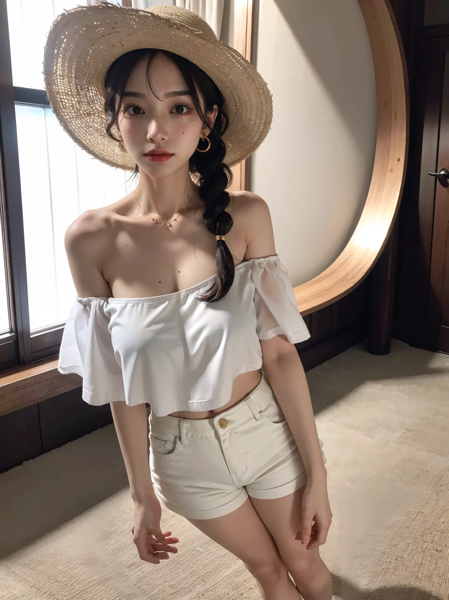 ((high quality:1.2)), work of art, (8k), extremely detailed, ((High detail:1.2)), ((best resolution:1.4)), Solo, 1girl, 24 years old Korean Ulzzang female, ((cropped strapless, mini-shorts)),