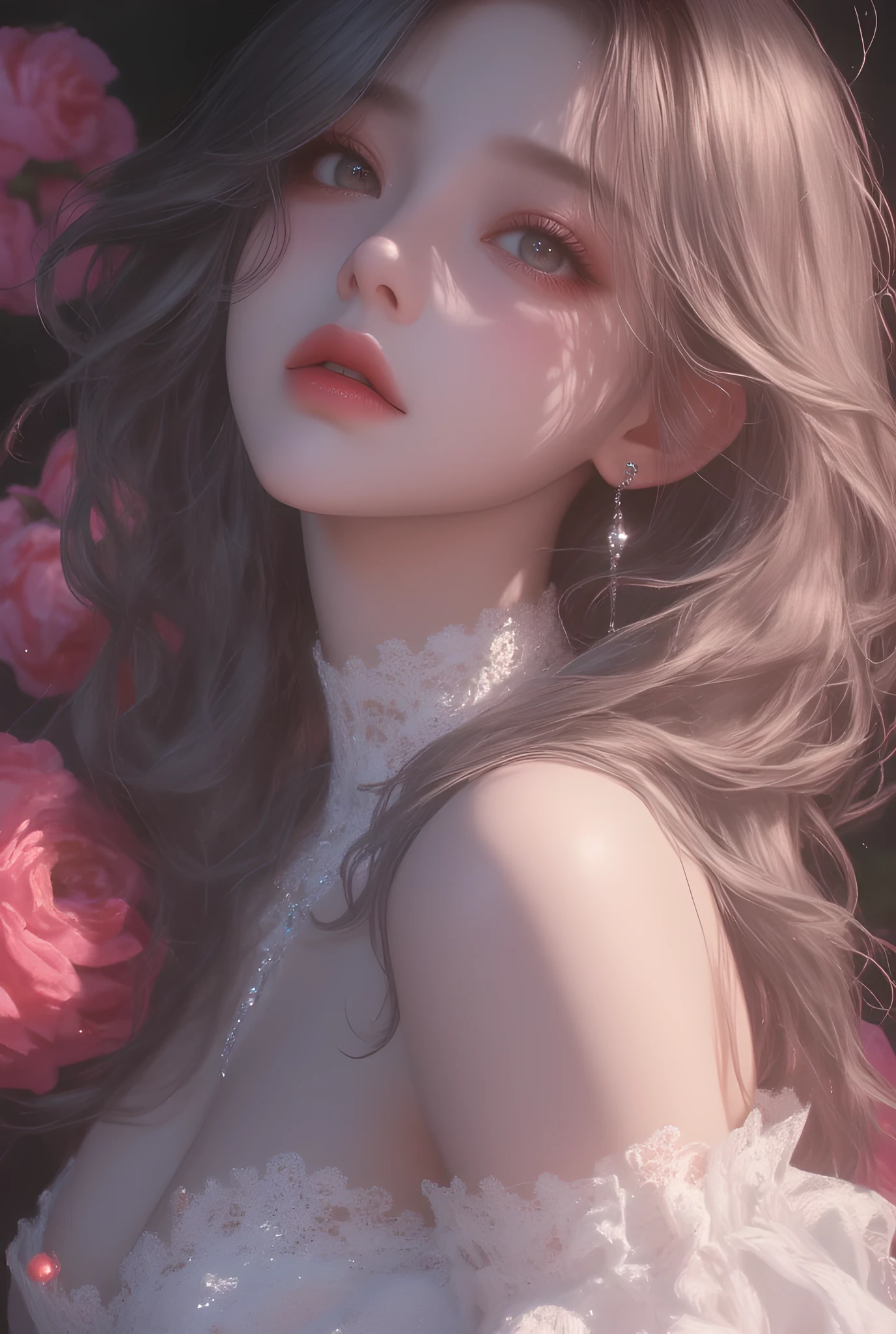  
1 girl,anime,japan cute girl,(masterpiece:1.4), , (best quality:1.4), (super detail:1.4), (sharp focus), (complex), (HDR), , looking at viewer [ 3d anime style role-playing game], legend, Fantasy, mysterious, ,  Filled Chiffon Fabric ,  Floating Lace ,  masterpiece , Ultra Detailed Rendering, 1full body girl ,  Ash Long Hair ,  Horse Ash Hair,  Cute looking girl ,  Chunky Cheeks ,  Peach Blossom Eyes , Gray color of the eyes,  Straight nose , Heart Lips , slim hourglass body  the 90-degree shoulder., super white and shadow,Edge Light, back light ,Pink roses around her ,Bright light