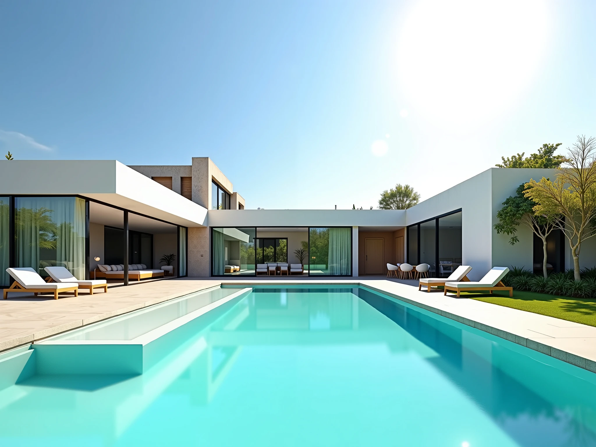 Pool photo , sunny day,, modern house , Real cell phone photo, High Definition, High quality, 8k, perfect focus, lots of details, canon t6 50mm , same house in all photos, Repeat house , house the same in all photos ,