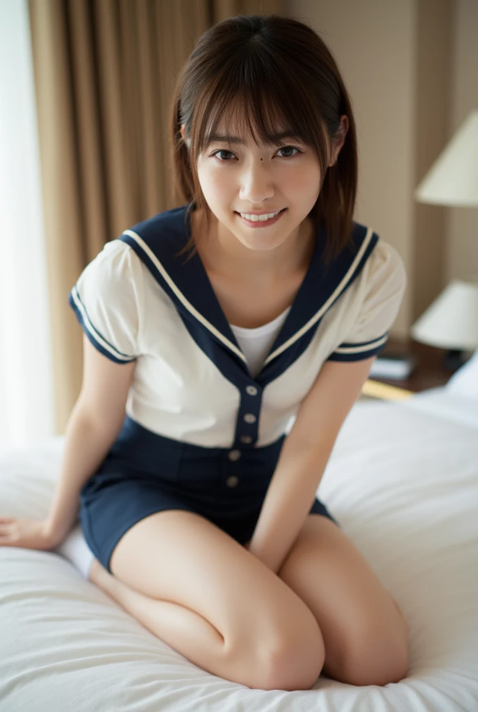 (Super reality:1.2), (digital art, digital illustration, 4k, 8k, Super detailed, beautiful images, clear image, (realistic), (RAW photo:1.3), perfect face, perfect lines, perfect eyes, Accurate body shape, dark lighting) , 1 Japanese cute girl after school, solo, school uniform, (sailor suit, serafuku), short cut hair style, Beautiful face, amateur girl, sexy gyaru:1.3, ((sexy panties)), so japanese young Idol, full chest, slim body style, (Inside the hotel, American size bed room, Antique furniture), Precise arms, precise hands and fingers, Beautiful hands and fingers, small smile, Beautiful thighs, (sitting with knees up on bed, spread legs), Just turned 18