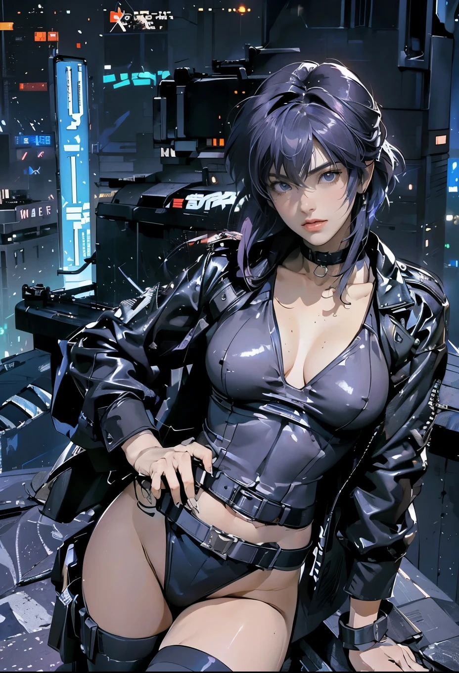 (neon lights, night, cyberpunk :1.2),(cyberpunk vehicles, data flow), masterpiece, best quality, <lora:kusanagi_motoko_v1:0.6>, aakusanagi, short hair, purple hair, large breasts, cleavage, white leotard, highleg leotard, black jacket, open jacket, fingerless gloves, white belt, thighhighs, <lora:more_details:0.5>