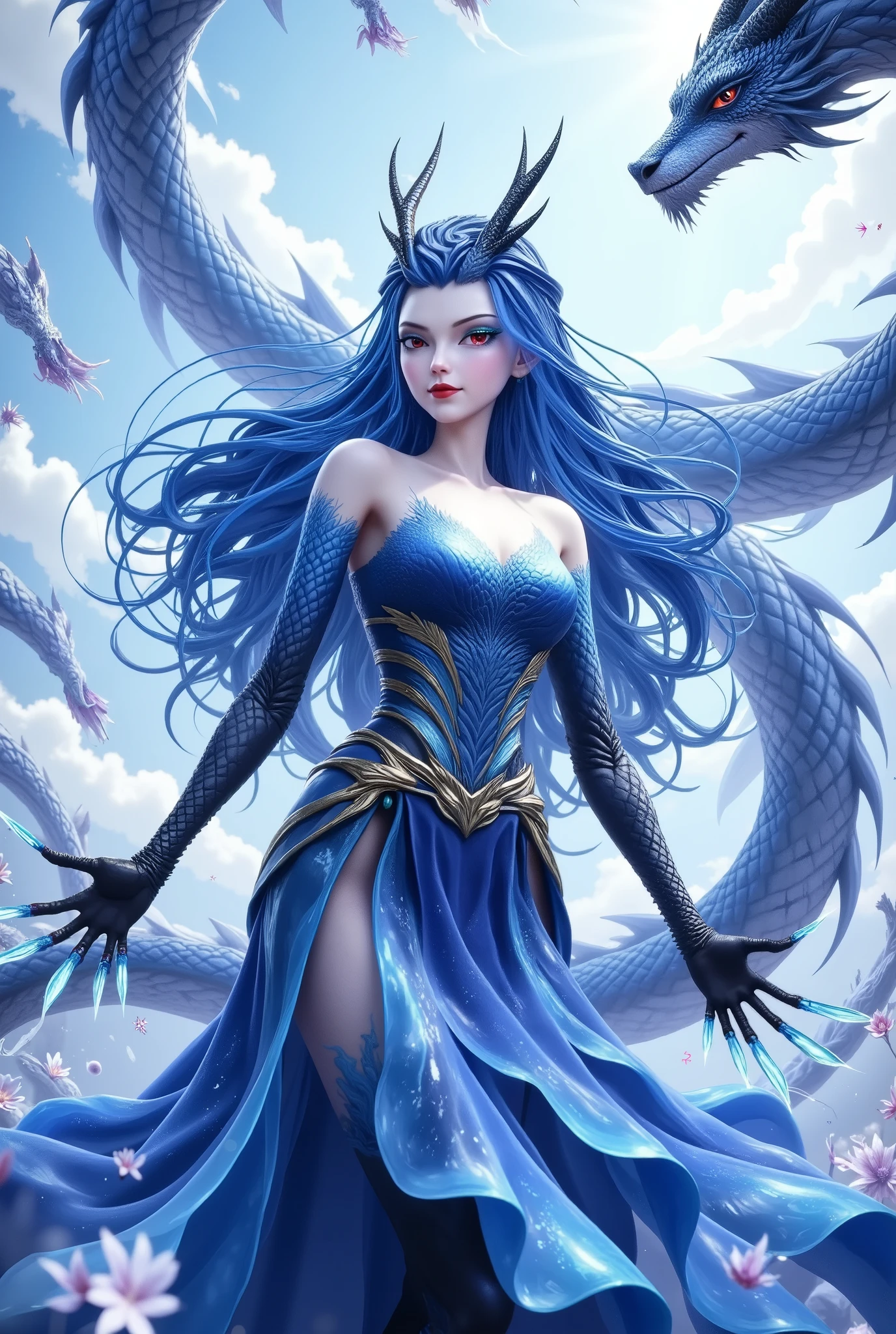 Noble and Elegant Dragon Princess，She will freeze magic， red eyes，Blue eyelashes，Dragon Horn。Prefer blue clothes。Dragon in the air。crystal darts，Examples of luminescence， ray tracing，Motion Capture。 Disney-style ，IG Model，Blue Elf,  Detailed Fantasy Art  ,  Fantasy Art Style,  Intricate Fantastic Digital Art 
