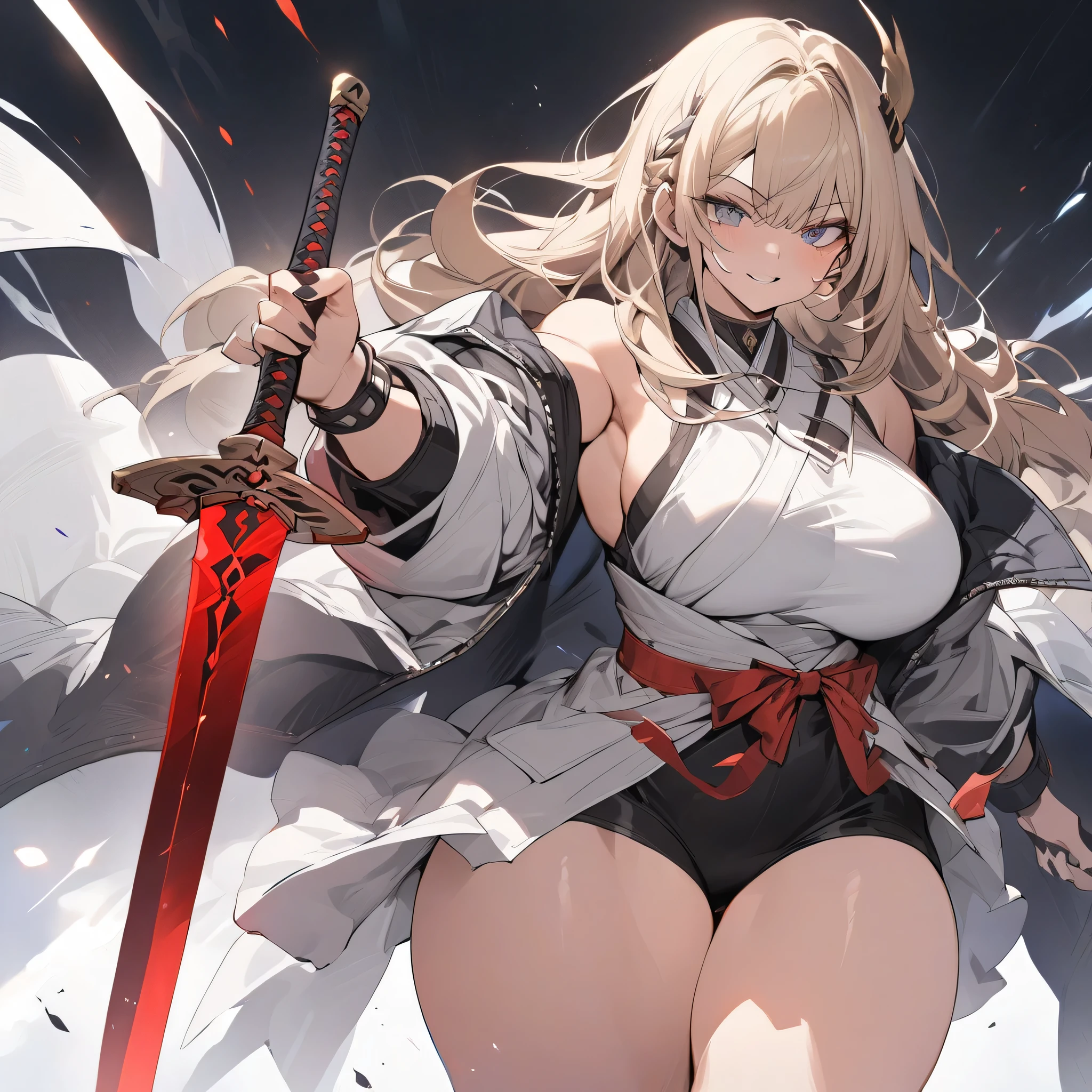masterpiece, best quality, very aesthetic, absurdres, 1girl, mature_lady,,Marin Kitagawa, long hair, blonde hair, red eyes,,bare_shoulders, detached_sleeves, long_sleeves, wide_sleeves, gloves, half_gloves, white_gloves, thighhighs, white_thighhighs,in the mountain,,blur background,background defocus,