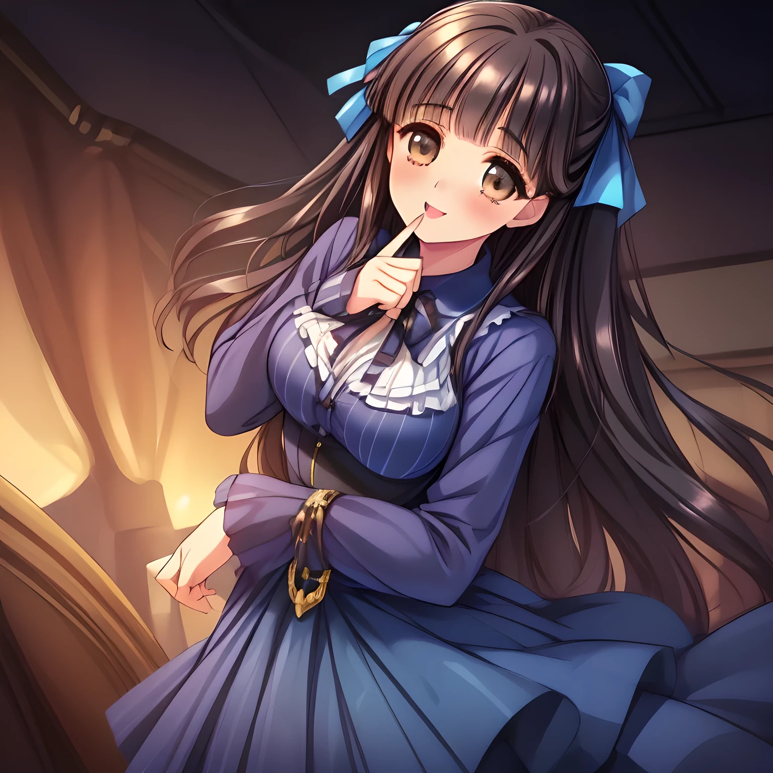 (highest quality, masterpiece:1.2), highest quality, High resolution, 1080p, 8K, Height: 160cm, (Noble lady, just won the noble beauty Grand Prix, studying, (grasping the top of (a thick long pencil with fingers) gracefully), too flattering smile, amazingly neat & clean, in peace and neat lovely strong charm, face up, gazing the pencil, tilted head: 1.8), (Too noble beautiful lady like a love-story comic heroine), (laugh in bliss), (Whispering the viewer's subliminal desire secretly to hypnotize the viewer), A very lovely, very noble, pretty and pure beautiful girls. ((Bursting out Laughing very elegantly)), Using expensive whitening cosmetics by cosmetics artist: 1.2), A face that everyone loves, Glossy lips, shorter even bangs, (Too beautiful blue fascinating shiny (double-lidded) (brown eyes) with love to the viewer, ((deep upper eyelid)), with detailed clearly (like girlish comics beautiful lovely heroine): 1.5), ((Black long Hair)), ((long amazingly beautiful straight wavy long hair: 1.5)), (Neat expensive frilled puffed ((white silk) blouse)), (A long, very neat, dark (navy blue) (tartan-checkered pleated (dark-blue) skirt)), (too pretty shiny light-yellow realistic school ribbon): 1.5), (Extremely lustrous, shiny game heroine lips, laughing open mouth: 0.8), (Ribbon in (black hair), The ribbon is big and very pretty, Beautiful black hair like a hair model), (Tight waist, slender like a beautiful fashion model, all the high-school student ladies admire their style: 1.5), (The background is plain black space to emphasize their fascination: 1.6), (The lady knows well about the viewer's super fetishism for school uniforms, inviting the viewer into uniform dream of succubus, and satisfies it completely with her hands and skirts and (laughter giving extreme pleasure) deeply (in the viewer's clear lewd dream): 1.6), (beautiful expensive gorgeous atmosphere which the viewer can't stop being lustful: 1.5)