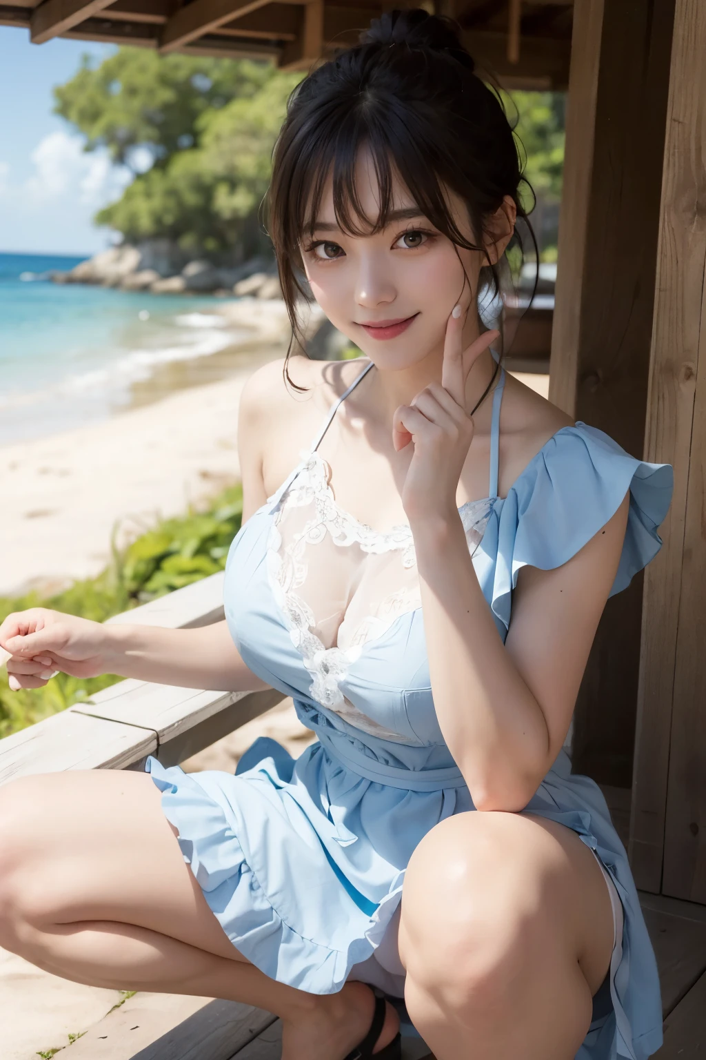 ((high-level image quality))、(Like a shot with an SLR)、beautiful a girl, ((glamour sensual body))、 ((Beautiful legs)), ((almost nude looks various skyblue colors hanbok)),((super pretty face)), take a slit in the clothes on the thigh, ((navel exposed)), ((little smile)), (light is in front of the girl), ((bright shiny face without shadows)), ((slender but big breast)), (off the shoulder)、antient asian background, look straight ahead,(Hair covers the ears and makes them invisible),((fair milky color skin))
