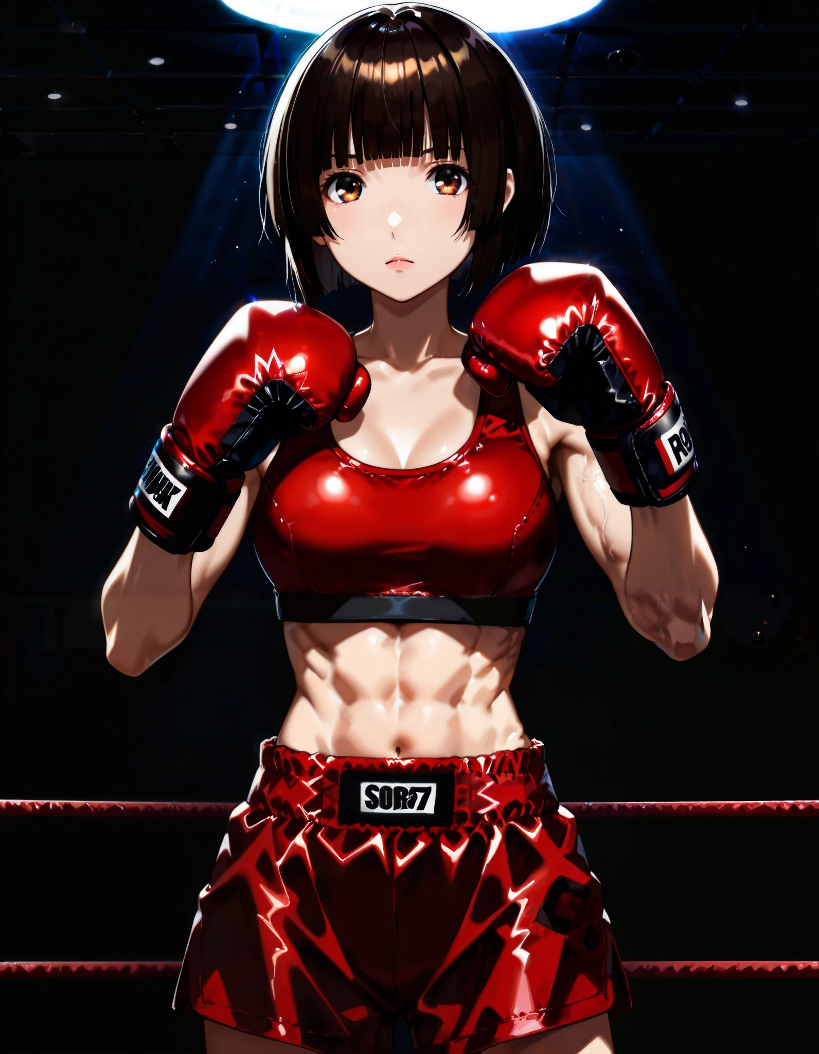 score_9, score_8_up, score_7_up, hoshijiro-shizuka, (1girl, solo), (front view, cowboy shot), (black short hair, bob cut, blunt bangs), brown eyes, (red boxing gloves, red boxing bra, red boxing shorts), Abdominal muscles, fighting pose, (glare, looking at viewer:1.1), (standing in the boxing ring, dark background, spot lighting from ceiling)