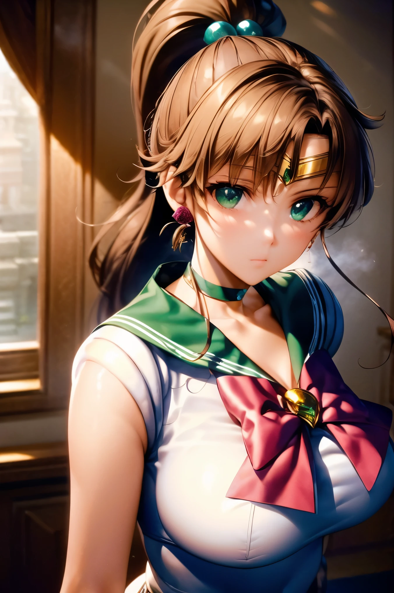 (masterpiece:1.2), best quality, high resolution, unity 8k wallpaper, (illustration:0.8), (beautiful detailed face:1.2, beautiful detailed eyes:1.2), perfect lighting, extremely detailed CG, (perfect hands, perfect anatomy), 

Cute, beautiful, charming lady, shiny hair, lustrous skin, beautiful light big eyes, 

big breasts, milf, married woman, soft With a gentle appearance and a gentle mother-like atmosphere,
A priestess, a beautiful and innocent priestess, wearing a priestess dress, pure white and divine priestess clothes,

jupiter_a, tiara, sailor senshi uniform, green skirt, green sailor collar, pink bow, knee boots, green choker, white elbow gloves, jewelry, earrings,