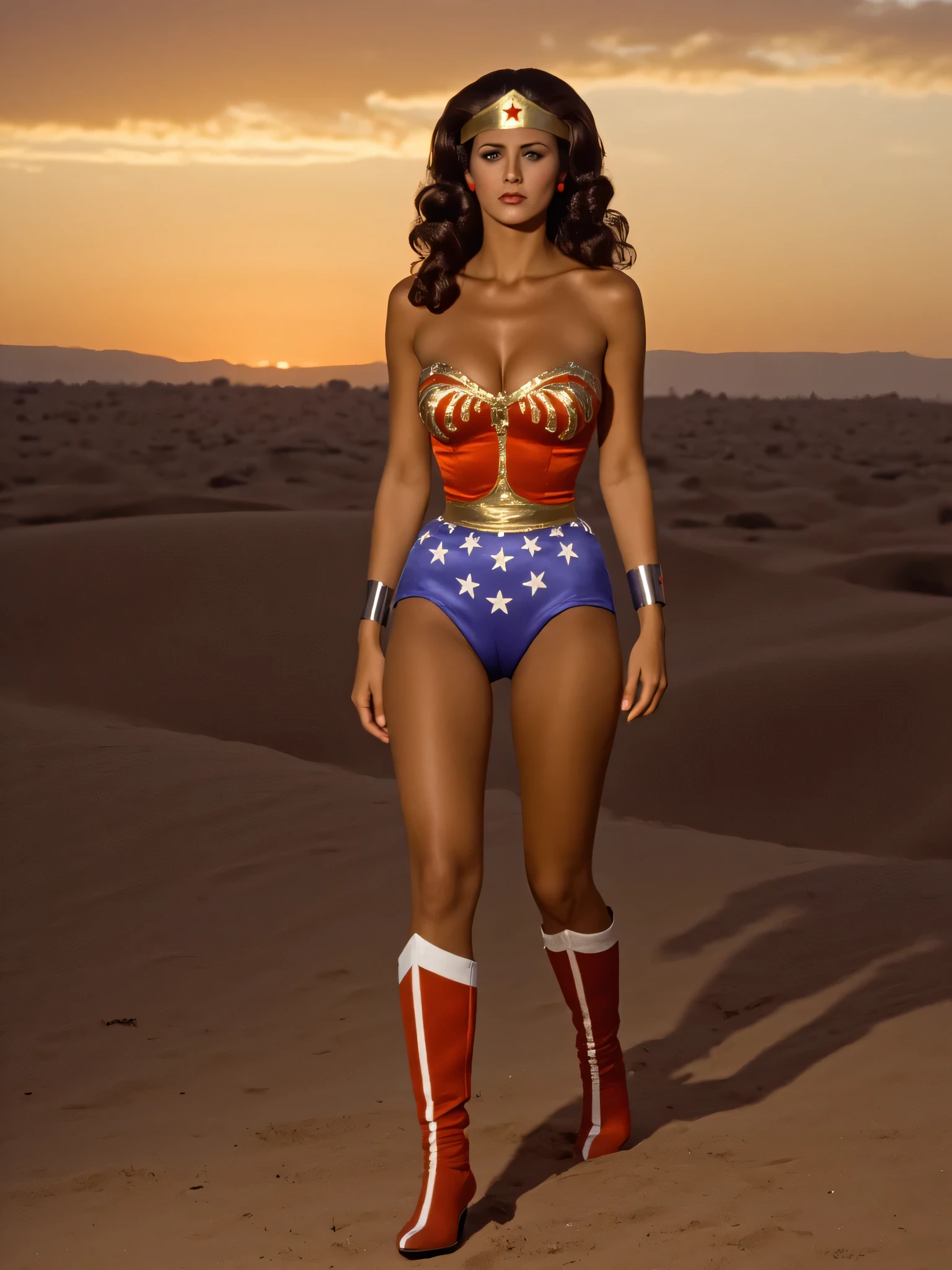8k, top quality, live-action, A picture of Linda Carter's Wonder Woman who is young, beautiful, and perfect, A scene from a TV show , beautiful sunset at a late night with warm, misty lighting , Standing with a composition that captures the whole , so beautiful and adorable walking in pain , alone in the desert dunes , her amazingly beautiful naked breasts and nipples are sweaty , She's a victim of sexual torture 、 beautiful legs and can hardly walk away , she's crying and asking for help . Great breasts, thin waist, I'm looking at a , Well-groomed legs shine , high heel boots. Alone, top quality, by Nomi, photo by Nomi, ( complicated details:1.2), ( delicate details without lighting), ( dim lighting) clear line, sharp concentration, by Nomi face, detailed face, Unity 8k Wallpaper, ultra high resolution, (photo by Nomi:1.4), I'm looking at the viewers, full body shot