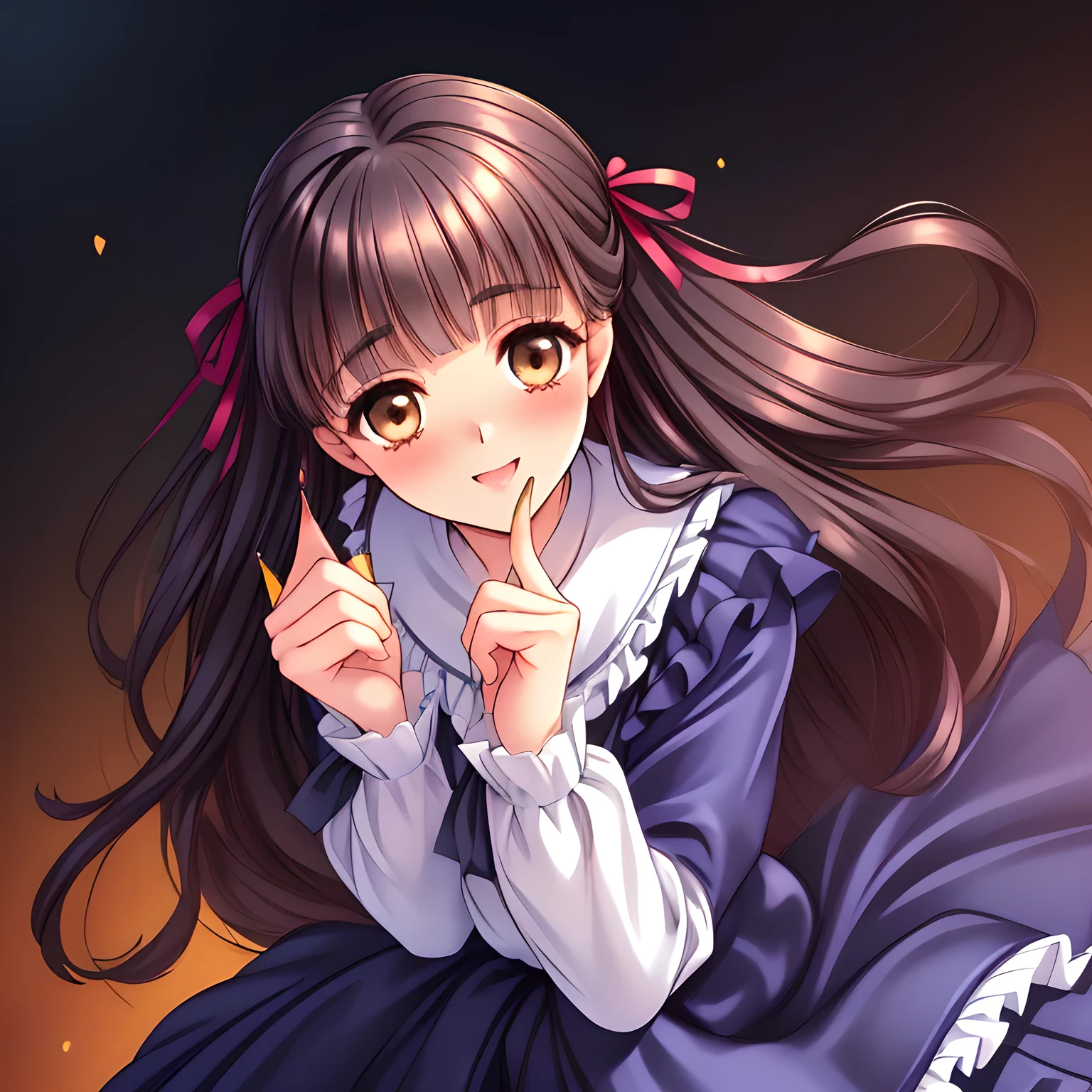 (highest quality, masterpiece:1.2), highest quality, High resolution, 1080p, 8K, Height: 160cm, (Noble lady, just won the noble beauty Grand Prix, studying, (grasping the top of (a thick long pencil with fingers) gracefully), too flattering smile, amazingly neat & clean, in peace and neat lovely strong charm, face up, gazing the pencil, tilted head: 1.8), (Too noble beautiful lady like a love-story comic heroine), (laugh in bliss), (Whispering the viewer's subliminal desire secretly to hypnotize the viewer), A very lovely, very noble, pretty and pure beautiful girls. ((Bursting out Laughing very elegantly)), Using expensive whitening cosmetics by cosmetics artist: 1.2), A face that everyone loves, Glossy lips, shorter even bangs, (Too beautiful blue fascinating shiny (double-lidded) (brown eyes) with love to the viewer, ((deep upper eyelid)), with detailed clearly (like girlish comics beautiful lovely heroine): 1.5), ((Black long Hair)), ((long amazingly beautiful straight wavy long hair: 1.5)), (Neat expensive frilled puffed ((white silk) blouse): 1.8), (A long, very neat, dark (navy blue) (tartan-checkered pleated (dark-blue) skirt)), (too pretty shiny light-yellow realistic school ribbon): 1.5), (Extremely lustrous, shiny game heroine lips, laughing open mouth: 0.8), (Ribbon in (black hair), The ribbon is big and very pretty, Beautiful black hair like a hair model), (Tight waist, slender like a beautiful fashion model, all the high-school student ladies admire their style: 1.5), (The background is plain black space to emphasize their fascination: 1.6), (The lady knows well about the viewer's super fetishism for school uniforms, inviting the viewer into uniform dream of succubus, and satisfies it completely with her hands and skirts and (laughter giving extreme pleasure) deeply (in the viewer's clear lewd dream): 1.6), (beautiful expensive gorgeous atmosphere which the viewer can't stop being lustful: 1.5)