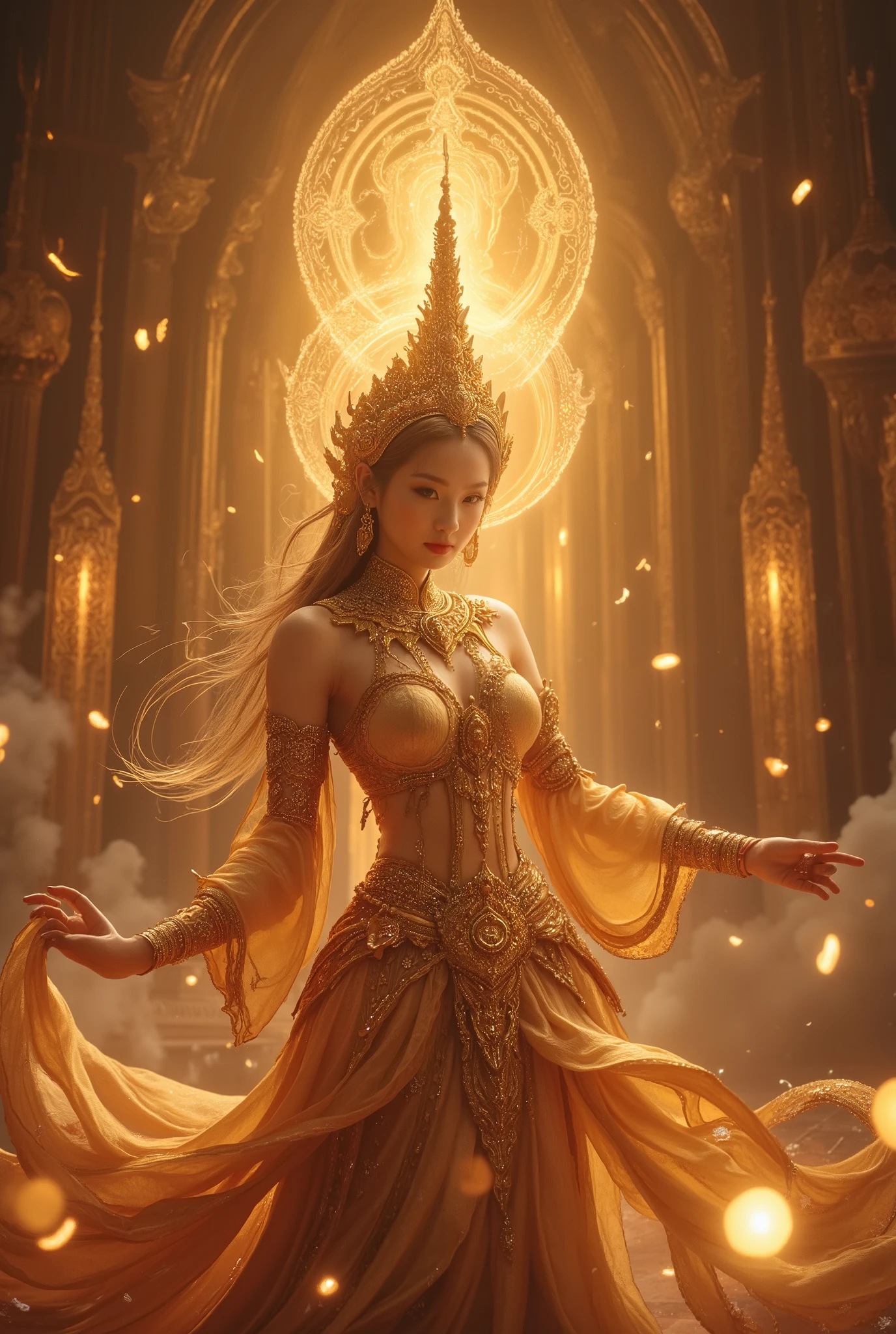 A beautiful Thai woman dressed in traditional Thai royal attire, performing an elegant Thai dance. She wears a golden headdress (chada) adorned with intricate details, and her silk costume is richly embroidered with gold and red patterns. Her delicate hand gestures follow classical Thai dance poses, with gracefully extended fingers. Behind her, a radiant, ethereal Buddha figure floats in the sky, emanating divine golden light. The scene blends realism and fantasy, with mystical glowing lotus flowers floating in the air, enchanted mist swirling around the dancer’s feet, and celestial energy shimmering in the background. The setting is a grand ancient temple with floating lanterns, creating a surreal and otherworldly atmosphere.