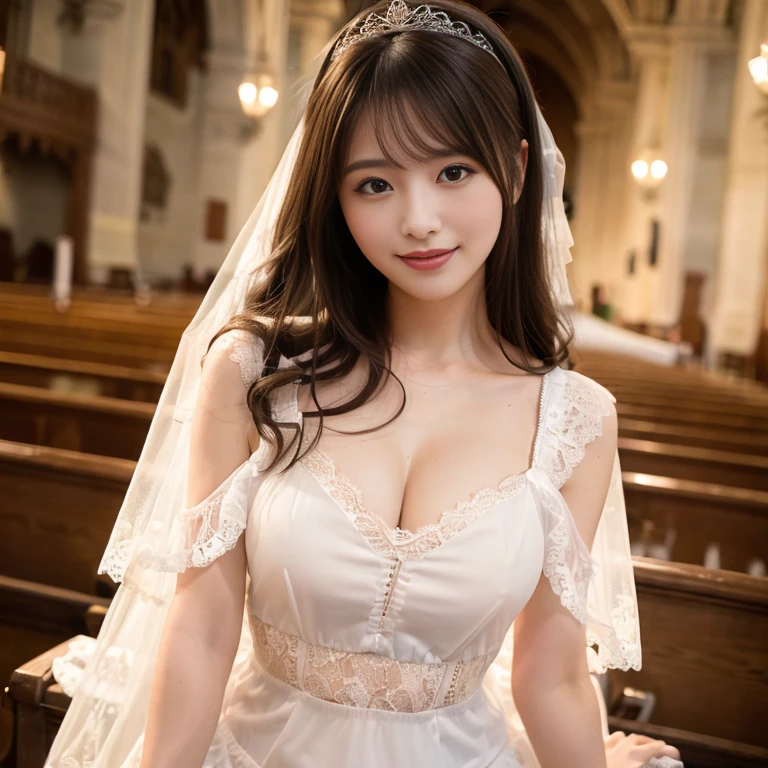 8K, highest quality, real image, intricate details, Super detailed, ultra high resolution, depth field,(realistic,realistic:1.2), (black eye), From the middle, 1 Japanese female, very beautiful 17 year old girl, Big eyes, beautiful breasts:1.5、highly detailed eyes:1.2), (beautiful breasts:1.1), (small breasts:1.5), wavy hair、curly hair、bangs, perfect skin, Fair skin, huge hips, thick thighs, thick legs, cleavage, tight waist, light blush, alone, looking at the viewer, (smile:1.4), (Wedding dress:1.4), break (church:1.4)