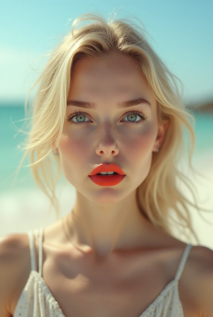 ((Give your subject a three-dimensional look through the contrast of light and shadow)), realisti (fotorealistier Realismus 16K Qualität), Ultrarealistie Details: Velvety skin, Blonde long, hair combed to the side, Symmetrical lips, bright shiny red_lipstick, long blue_eyelashes, Pupils, (clear sharp focus, Not blurry, realisti brown_eyes:1.35), anatomically correct, proporções perfeitas), hyperfotorealisti ((portrait)) a cute 1model:1.4 2, dslr, other, high quality, soft lighting, sharp focus captured with Fujifilm XT3, f 5.6, in a dramatic lighting, (perfect composition), pale skin, (dry skin), ((Ihr Outfit otherht aus einem Bikini,)), The background is a beach