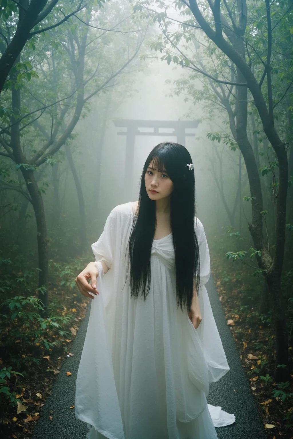 asian girl , wearing white long dress , long messy hair ,, walking through the forest , gloomy background , smokey ground ,, bats flying around , dark vibes ,