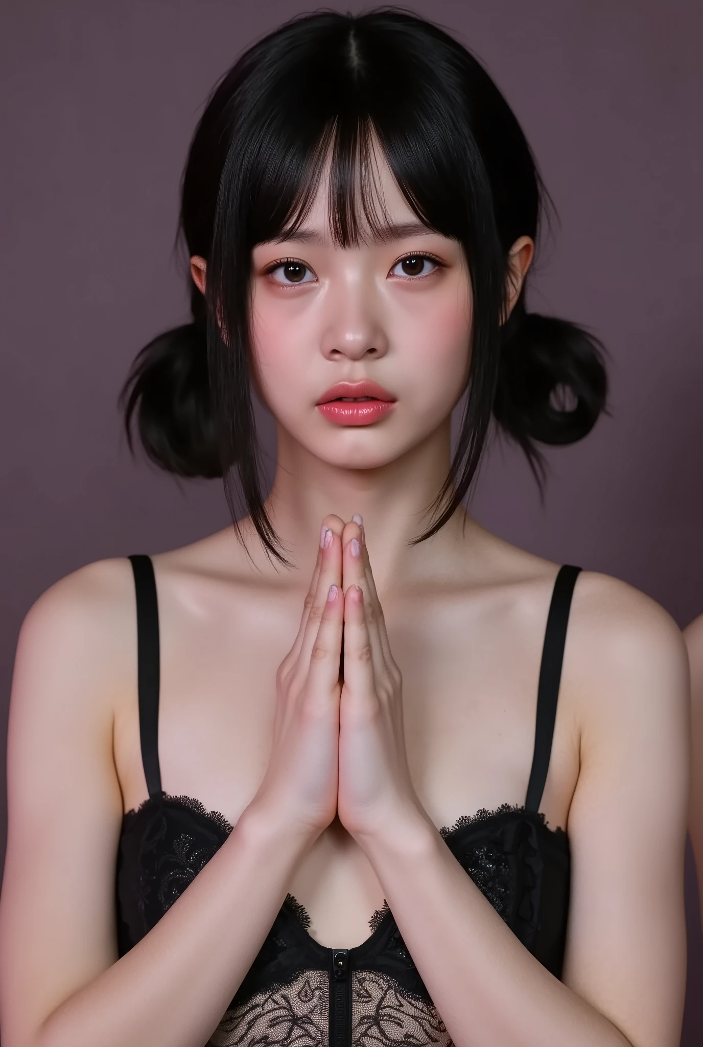 masterpiece, best quality,16k,8k,exquisite, ultra high resolution, Japanese, NSFW,Accurate hands,lingerie, Emphasize breasts by squeezing them with your arms,open_mouth,Cinema Lighting, troubled face,low twintails, bangs