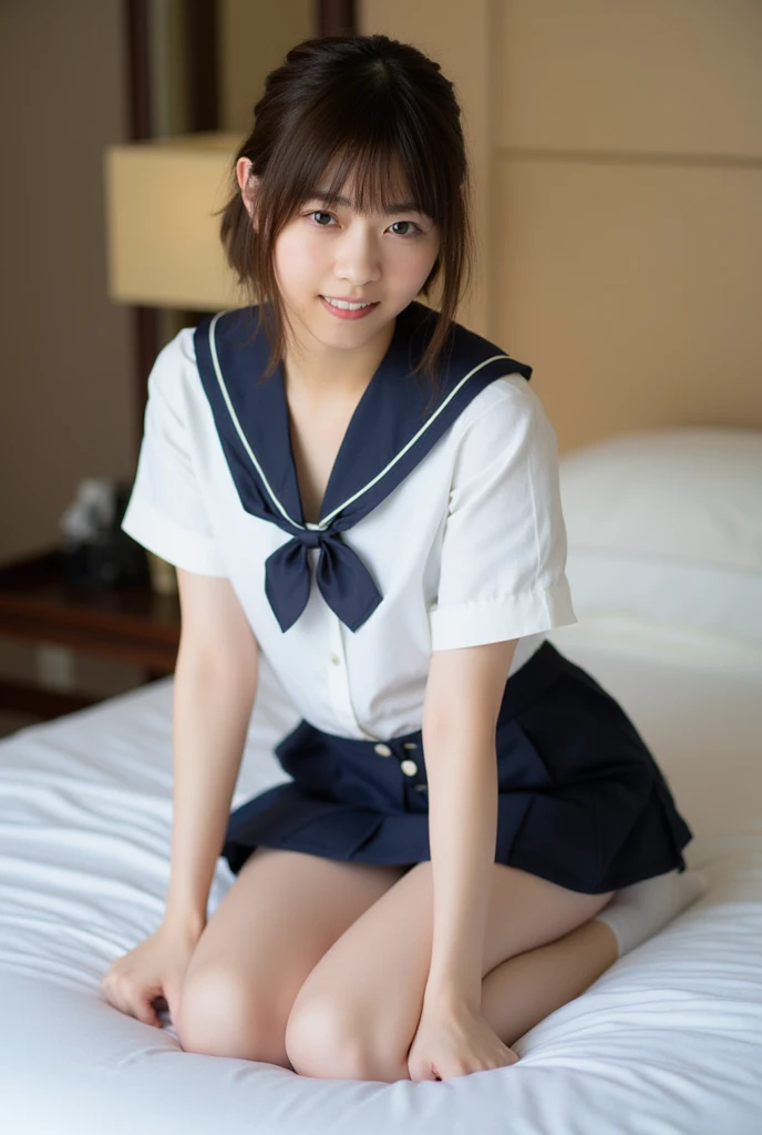 (masterpiece, best quality:1.2), 8k, official art, raw photo, incredibly absurdres, 1girl,15 years old,(loli:1.0),(small brests:1.2),(skinny:1.2),high school student,beautiful girl,(short ponytails:1.2),akb48,nogizaka46, 1girl, solo, looking at viewer, (smile:1.2), bangs, black hair, sitting, ponytail, sky, (dildo:1.2), day, indoors, window, bed, on bed, curtains, ,bedroom,dildo,handjob,(serafuku:1.4), pov,
