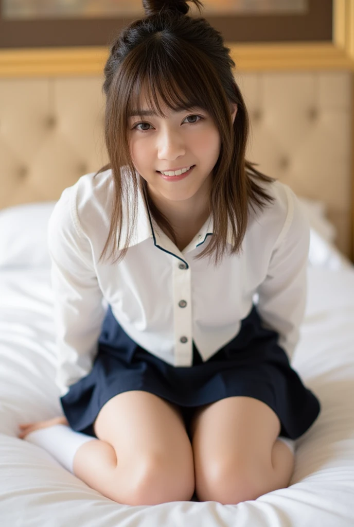 (looking at viewer:1.3),(looking straight ahead:1.3),(big smile:1.2),(happy smile:1.1),(extremely beautiful face:1.3),(big eyes:1.3),(double eyelids:1.3),(very long silky hair:1.3),(long eyelashes:1.2), beautiful lips, beautiful eyes,(beautiful teeth:1.2)(sexy panties:1.15),(realistic silk panties:1.1),(white panties:1.2),,(17 year old girl:1.2),32K,masterpiece, Raw photo, (detailed fingers:1.2),Best Quality, photorealistic, highly detailed CG Unity 32K wallpaper, intricate detailed face, (Ultra detailed skin:1.2) super idol, clear eyes, thick thighs, drooping eyes, Japanese school uniform, brown loafers, loose socks,
