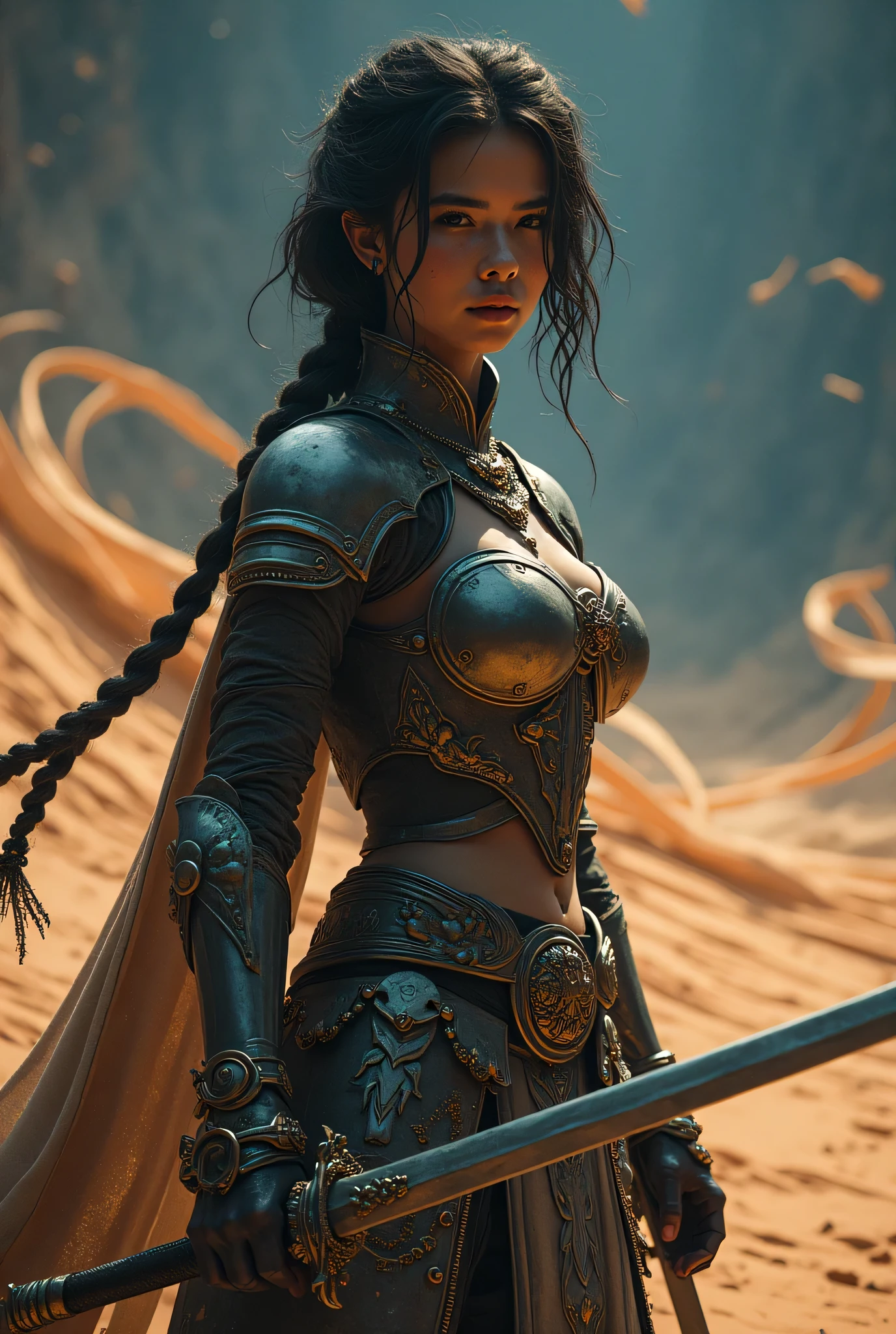 (8k, best quality conversation, Masterpiece), ( exists , photo exists : 1.37), very well detailed, one girl to rainbow , { Sylvain wristwatch with sword pattern }, Wide angle , Big breasts shaking at night outside the University of Tokyo , Very delicate depiction , Armor made with miniature paint , short braided hair , correct skeleton, Vine 、 short braided hair , Braid Chain , Long Thick Sword 、 dreamy ,Super existent mixed fantasy world , combines exists elements and fantastic elements ( 渦巻く砂漠の砂 :1)、 Prepare to fight with a sword 、 complicated , Wearing an Elaborate Iron Mask 、 Masked 、 facing the camera