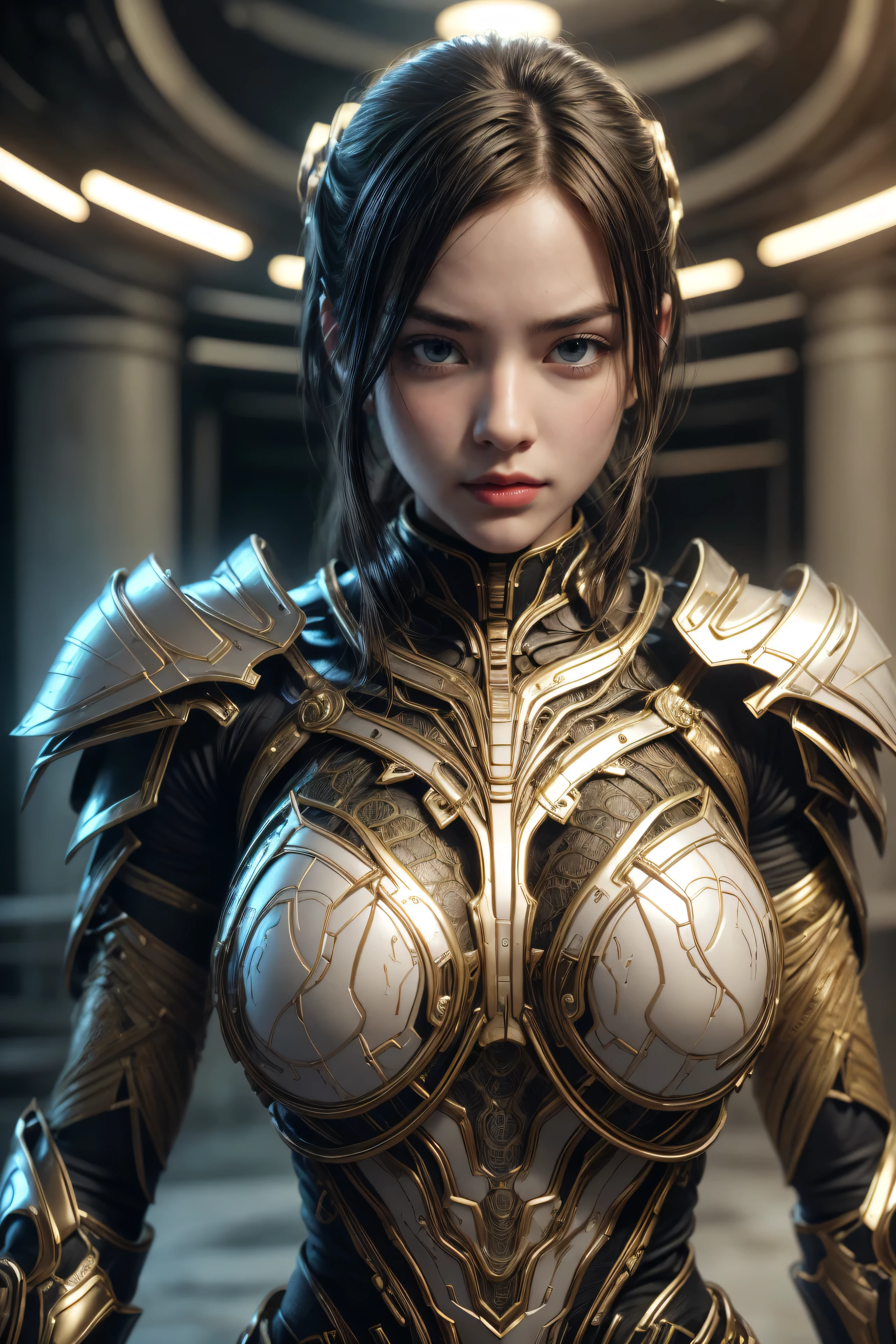 Mature female, {8K}, Best quality, Masterpiece, {超高分辨率}, Slender body, Medium breasts, White-gold equipment,(((Space soldier uniform))),Side breasts,{Short wavy hair}, symetrical face, {Lingerie}, intricate elegant, fantasy, Detailed, ometric by greg rutkowski and alphonse mucha, Gradient lighting, {{{{{{{{{{Mecha upper body}}}}}}}}}},