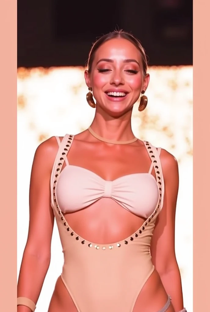 Beth Behrs dressed in clothing made of sea shells with a smile