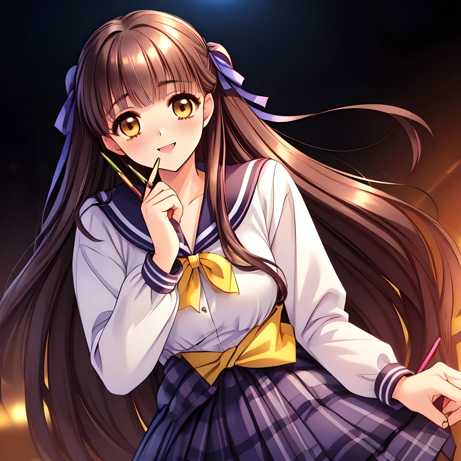 (highest quality, masterpiece:1.2), highest quality, High resolution, 1080p, 8K, Height: 160cm, (Noble lady, just won the noble beauty Grand Prix, studying, (grasping the top of (a thick long pencil with fingers) gracefully), too flattering smile, amazingly neat & clean, in peace and neat lovely strong charm, face up, gazing the pencil, tilted head: 1.8), (Too noble beautiful lady like a love-story comic heroine), (laugh in bliss), (Whispering the viewer's subliminal desire secretly to hypnotize the viewer), A very lovely, very noble, pretty and pure beautiful girls. ((Bursting out Laughing very elegantly)), Using expensive whitening cosmetics by cosmetics artist: 1.2), A face that everyone loves, Glossy lips, shorter even bangs, (Too beautiful blue fascinating shiny (double-lidded) (brown eyes) with love to the viewer, ((deep upper eyelid)), with detailed clearly (like girlish comics beautiful lovely heroine): 1.5), ((Black long Hair)), ((long amazingly beautiful straight wavy long hair: 1.5)), (Sailor-style school uniform, Neat expensive smart ((white silk) blouse): 1.5), (A long, very neat, (tartan-checkered pleated blue skirt): 1.2), (too pretty shiny light-yellow realistic school ribbon): 1.5), (Extremely lustrous, shiny game heroine lips, laughing open mouth: 0.8), (Ribbon in (black hair), The ribbon is big and very pretty, Beautiful black hair like a hair model), (Tight waist, slender like a beautiful fashion model, all the high-school student ladies admire their style: 1.5), (The background is plain black space to emphasize their fascination: 1.6), (The lady knows well about the viewer's super fetishism for school uniforms, inviting the viewer into uniform dream of succubus, and satisfies it completely with her hands and skirts and (laughter giving extreme pleasure) deeply (in the viewer's clear lewd dream): 1.6), (beautiful expensive gorgeous atmosphere which the viewer can't stop being lustful: 1.5)