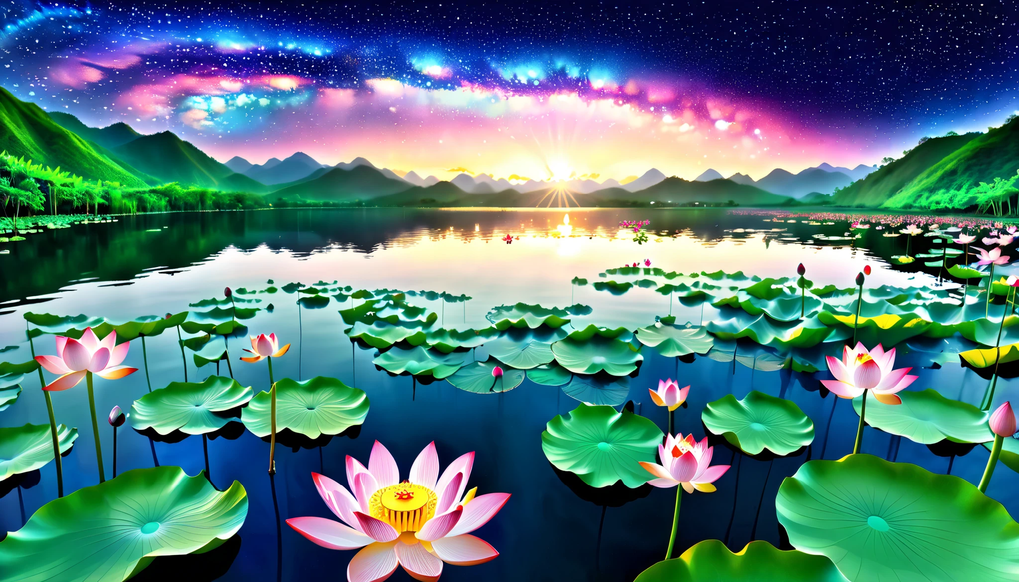 超 high image quality,  high image quality,  high quality , Spectacular Scenery , Magnificent Pure Land of Paradise ,((Heavenly world)),((( large group of huge and very beautiful lotus flowers that fill the surface of the lake))),(((1000 lotus flowers on the surface of the lake ))),((Large groups of overlapping realistic lotus flowers)),((A gorgeous lotus flower that multiplies infinitely)), ((( Realistic Lotus Petals See-Through))),((( Beautiful Digital Painting 　眩い程Shine夕日))),( Composition taken with a fisheye lens ),一部にstar空,  Milky Way, star, star屑,  Milky Way, 流star, Stargazing , horizon  , silhouette ,Beautiful Mountain々, ((( A lake with so many lotus flowers blooming))),((( large group of huge and very beautiful lotus flowers that fill the surface of the lake))),((( mystical atmosphere ))), Beautiful Sunset  , green, purple  , black,  Darkness, Shine,  Majestic Atmosphere, Depth, Superb view from above , silence, Awe, hope, Romance,  timelapse, astrophotography,beautiful, landscape, Andreas Rocha, Beautiful Artistic Pictures ,  Real Scenery , The brilliance of the auroras ,湖面にstar空が映る,