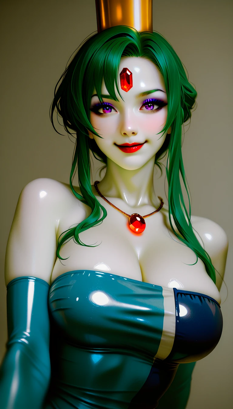 score_9,score_8_up  ,score_7_up  , ,    Masterpiece,    Hi-Res,   raw photo, shiny clothes, realistic photo ,,1 girl, Atsugessho:5.0,,    , Heavy makeup, ,   green hair,  white skin , Red gem on forehead, ,  red lipstick,   purple eyeshadow , large breasts, big blue eyes,   Blue Bodycon Dress   ,  blue latex gloves ,gold necklace, The brightly light cosmetics store , , golden hat  ,  happy smile,,having cosmetic items ,