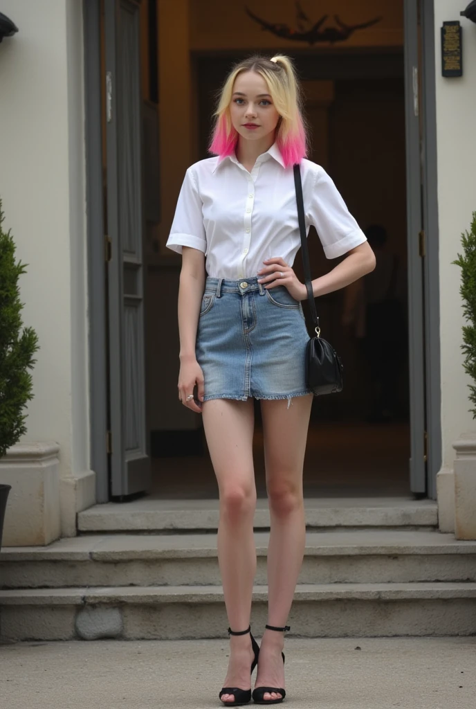 a women in a cute outfit walking down the streets, pink hair, model