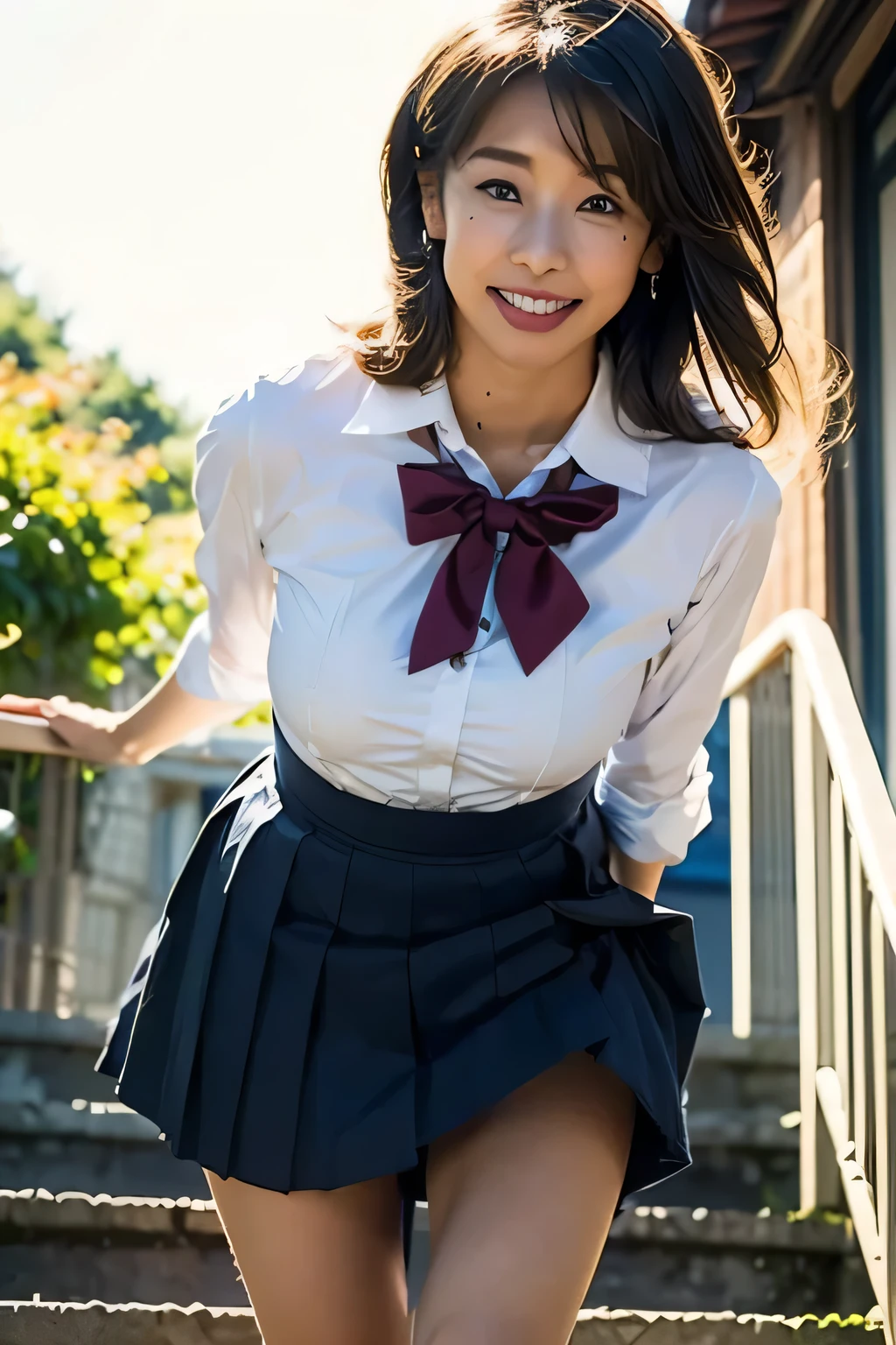 absurdres, highres, ultra detailed, smile,open mouth,standing, looking at viewer,tracen , summer uniform, serafuku, puffy short sleeves, bowtie, horseshoe ornament, sailor collar, sailor shirt, frills, white skirt, purple shirt, miniskirt, zettai ryouiki, white thighhighs, brown footwear, shoes,viblos \(umamusume\),twintails, brown hair, long hair, hat,large breasts, purple eyes, multicolored hair, ear ornament, hair ribbon,