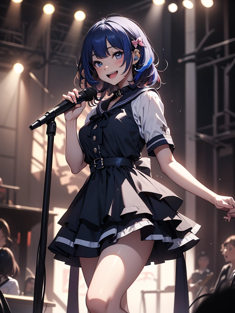 8k,  top quality, The real picture,  complicated details, Very detailed,  ultra high resolution,  depth field, ( realistic, realistic),  Table Top, ( shot above the knee), ((((Singing a song with a stand microphone )))), (((1 adult female))), cyb dress, dress, ( Royal Blue Dress), short sleeves, frilled dress, layered dress, suspender skirt, white shirt, frills, sailor collar, bow, (( happy smile)), eye_Chan,  so beautiful, innocent big eyes,  beautiful , 非常に詳細なeye, ( beautiful ), (( rainbow colored hair)), (( short semi-long hair),  perfect skin, Fair skin,  Tiny  , Tight waist,  alone,  staring at viewers, (( Concert Hall ))
