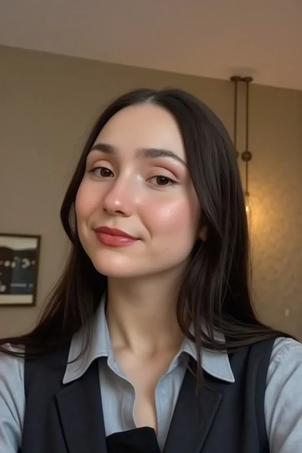 (POV). Beautiful (nations) lady with (hairstyle). Dressing in (colouring) polo shirt. She is podcasting in the studio. Very huge boobs