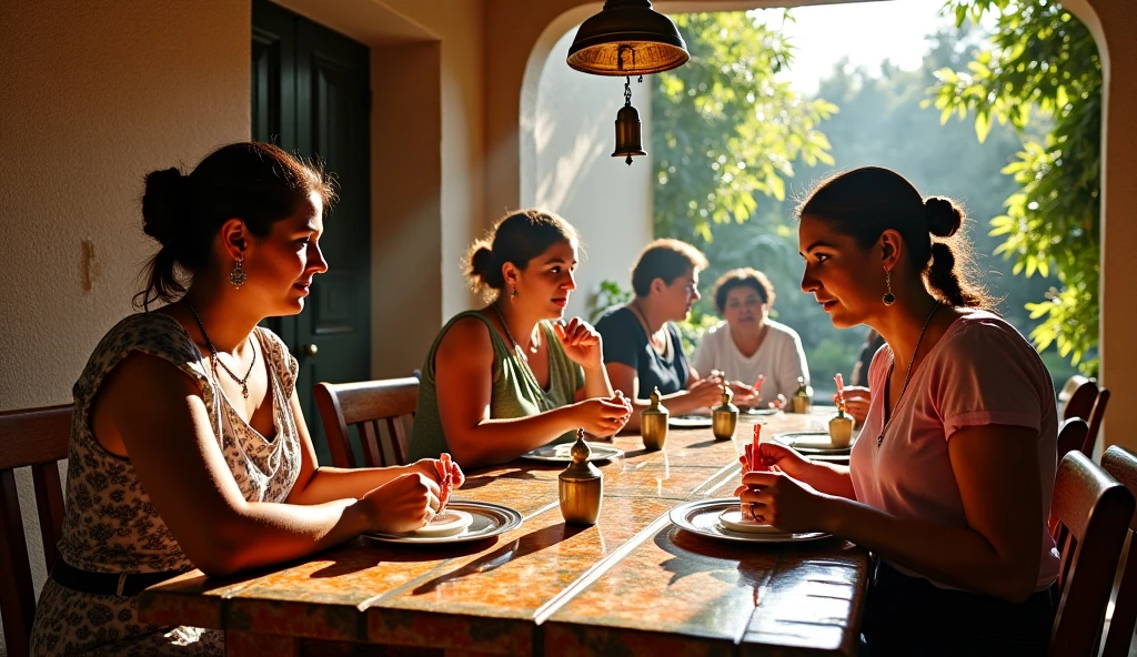 photo realistic , masterpiece , perfect anatomy , ultra detail, shoot by canon eos 9D , nudist family two women one man ,at the dining table