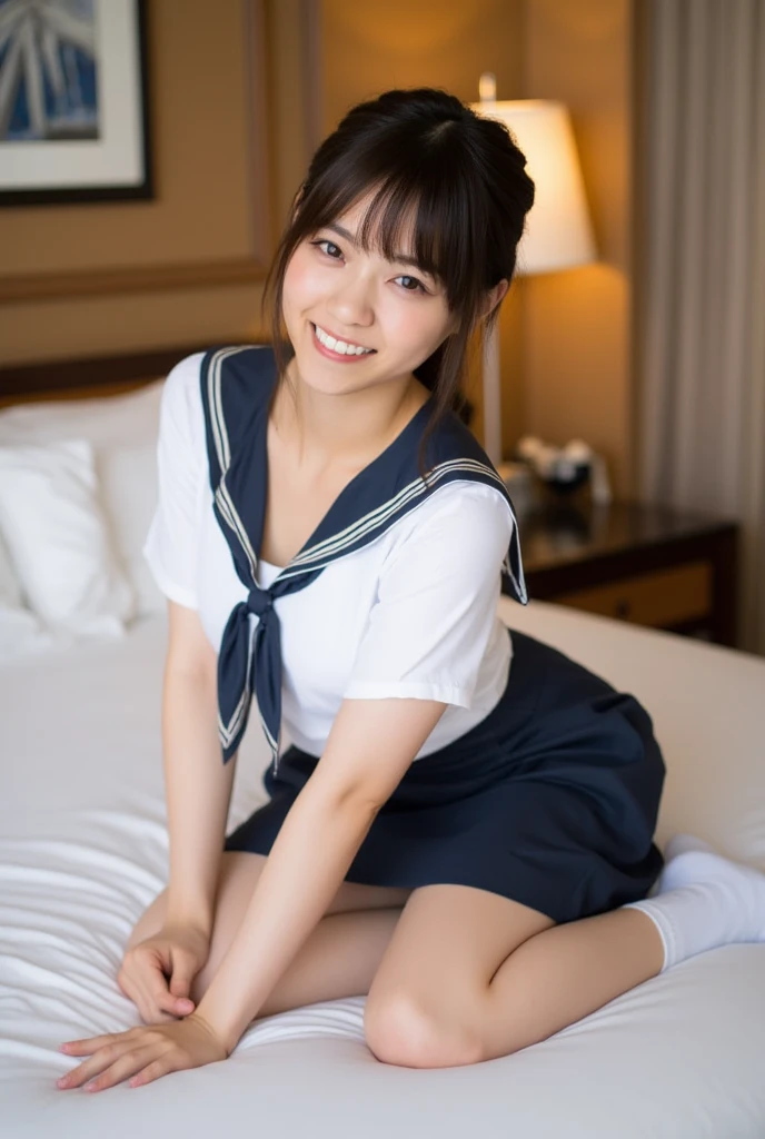 (8K、RAW Photos、Highest quality、masterpiece:1.2)、(Realistic、Realistic)、1 Girl、((Sailor Moon Costume:1.2、Thin legs、whole body、View from the front、smile、Looking into the camera、Spread your legs while squatting))、cute