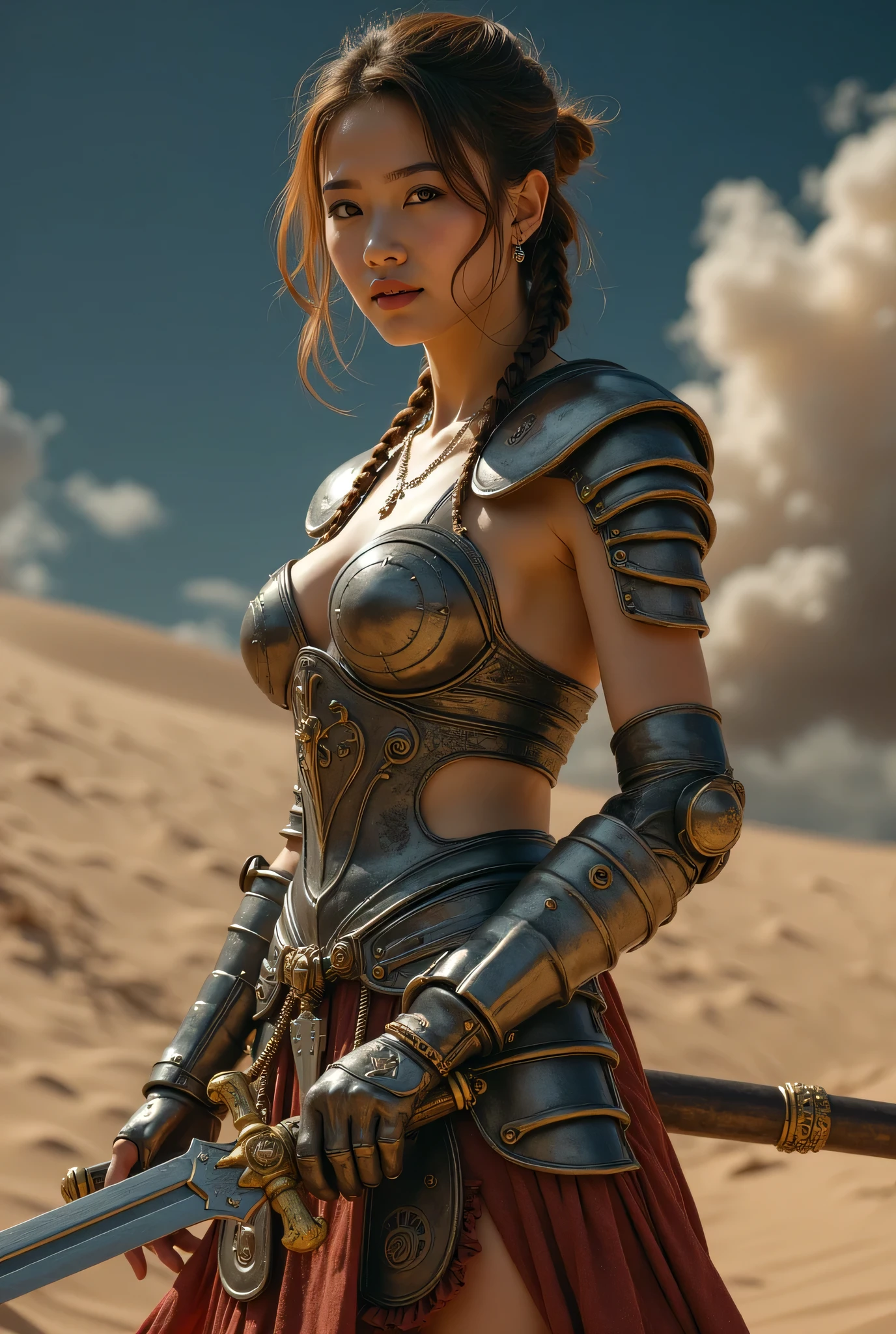 (8k,       best quality conversation,  Masterpiece), (   exists , photo   exists : 1.37),     very well detailed,        one girl to rainbow    , {   Sylvain wristwatch with sword pattern         }, Wide angle ,     Big breasts shaking at night outside the University of Tokyo      ,      Very delicate depiction      ,        Armor made with miniature paint        ,        short braided hair     ,     correct skeleton,      Vine    、   short braided hair  ,  Braid Chain     , Long Thick Sword  、   dreamy   ,Super existent mixed fantasy world ,     combines exists elements and fantastic elements (  渦巻く砂漠の砂  :1)、   Prepare to fight with a sword     、    complicated  ,     Wearing an Elaborate Iron Mask     、  Masked    、   facing the camera   