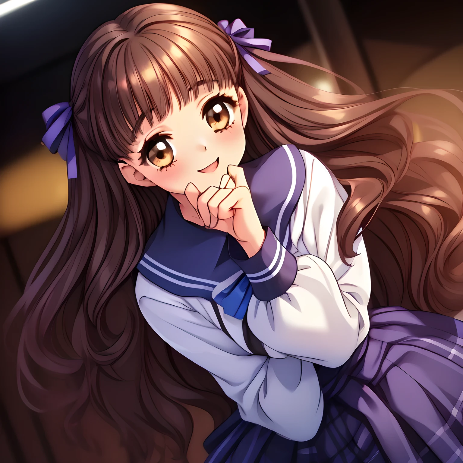 (highest quality, masterpiece:1.2), highest quality, High resolution, 1080p, 8K, Height: 160cm, (Noble lady, just won the noble beauty Grand Prix, studying, too flattering smile, amazingly neat & clean, in peace and neat lovely strong charm, face up, tilted head: 1.8), (Too noble beautiful lady like a love-story comic heroine), (laugh in bliss), (Whispering the viewer's subliminal desire secretly to hypnotize the viewer), A very lovely, very noble, pretty and pure beautiful girls. ((Bursting out Laughing very elegantly)), Using expensive whitening cosmetics by cosmetics artist: 1.2), A face that everyone loves, Glossy lips, shorter even bangs, (Too beautiful blue fascinating shiny (double-lidded) (brown eyes) with love to the viewer, ((deep upper eyelid)), with detailed clearly (like girlish comics beautiful lovely heroine): 1.5), ((Black long Hair)), ((long amazingly beautiful (wavy) long hair: 1.5)), (Sailor-style school uniform, Neat expensive smart ((white silk) blouse): 1.5), (A long, very neat, (tartan-checkered pleated blue skirt with belt): 1.2), (too pretty shiny light-yellow realistic school ribbon): 1.5), (Extremely lustrous, shiny game heroine lips, laughing open mouth: 0.8), (Ribbon in (black hair), The ribbon is big and very pretty, Beautiful black wavy hair like a hair model), (Tight waist, slender like a beautiful fashion model, all the high-school student ladies admire their style: 1.5), (The background is plain black space to emphasize their fascination: 1.6), (The lady knows well about the viewer's super fetishism for school uniforms, inviting the viewer into uniform dream of succubus, and satisfies it completely with her hands and skirts and (laughter giving extreme pleasure) deeply (in the viewer's clear lewd dream): 1.6), (beautiful expensive gorgeous atmosphere which the viewer can't stop being lustful: 1.5)