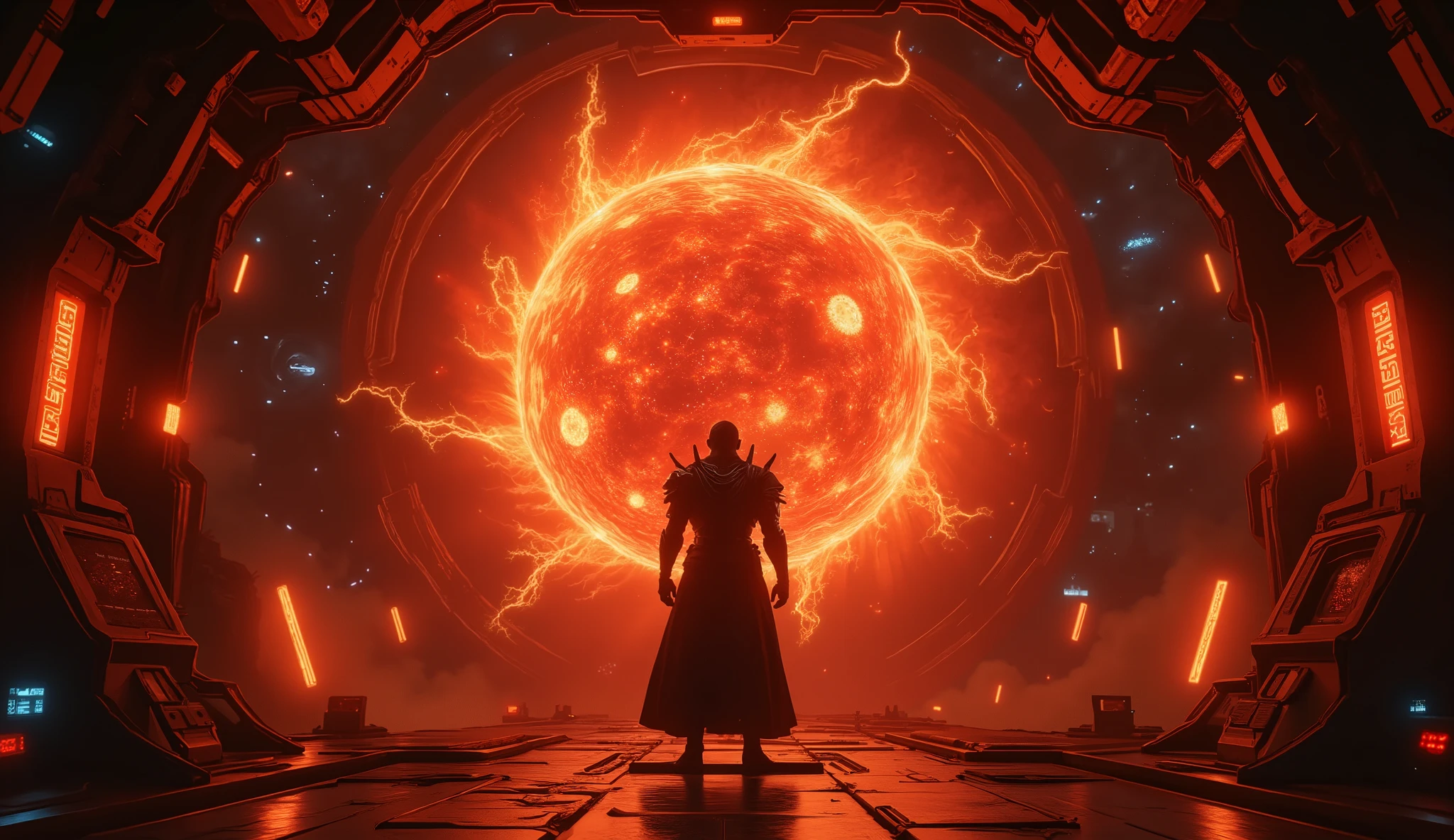 💀 **A dark, menacing chamber.**  
- **The core of Kael’s flagship hums with overwhelming power.**  
- **Glowing conduits pulsate, carrying the energy of a dying star through the ship.**  
- **Holographic displays flicker warnings, but Kael ignores them.**  

👨‍✈️ **KAEL DRAVEN stands tall, bleeding from a wound on his side.**  
- **His cybernetic arm sparks slightly, but his grip remains strong.**  
- **His cold, determined gaze is fixed on the control panel.**  

🎙 **KAEL (low, resolute):** *"The age of weakness ends now."*  

🔥 **He reaches for the FINAL CONTROL LEVER.**  
- **He pulls it down with a satisfying *CLANK*.**  
- **The entire chamber RUMBLES.**  

🌌 **OUTSIDE IN SPACE:**  
- **The dying star at the heart of the system reacts violently.**  
- **Plasma streams are forcefully ripped from its surface, spiraling into the core of Kael’s warship.**  
- **A vortex of pure stellar energy forms—a cosmic storm of destruction.**  

⚡ **ALARMS SCREAM.**  
- **A deep, monstrous HUM vibrates through the ship as the weapon charges.**  
- **Imperium engineers stare in awe and horror at the sheer power Kael has unleashed.**  

🎙️ **IMPERIUM CREW (panicked):** *"Sir! The energy levels—"*  

👨‍✈️ **KAEL (calm, unwavering):** *"Perfect."*  

🔴 **His face is illuminated by the swirling red and gold plasma.**  
- **The ultimate weapon is moments away from unleashing its devastating force.**  
- **All Kael has to do now is FIRE.**  

📡 **ELARA (radio, urgent):** *"Kael! Hentikan ini! Itu akan menghancurkan segalanya!"*  

👨‍✈️ **KAEL (smirks, coldly):** *"Just as planned."*  

🔥 **The countdown begins.**  
🚀 **Elara is running out of time!**  

Style: Hard Sci-Fi, Grand-Scale Catastrophe, Power-Hungry Villain  
Lighting: Harsh red and gold plasma glow, deep shadows, high contrast  
Resolution: 4K, Hyper-detailed, Cinematic Villain Moment  
