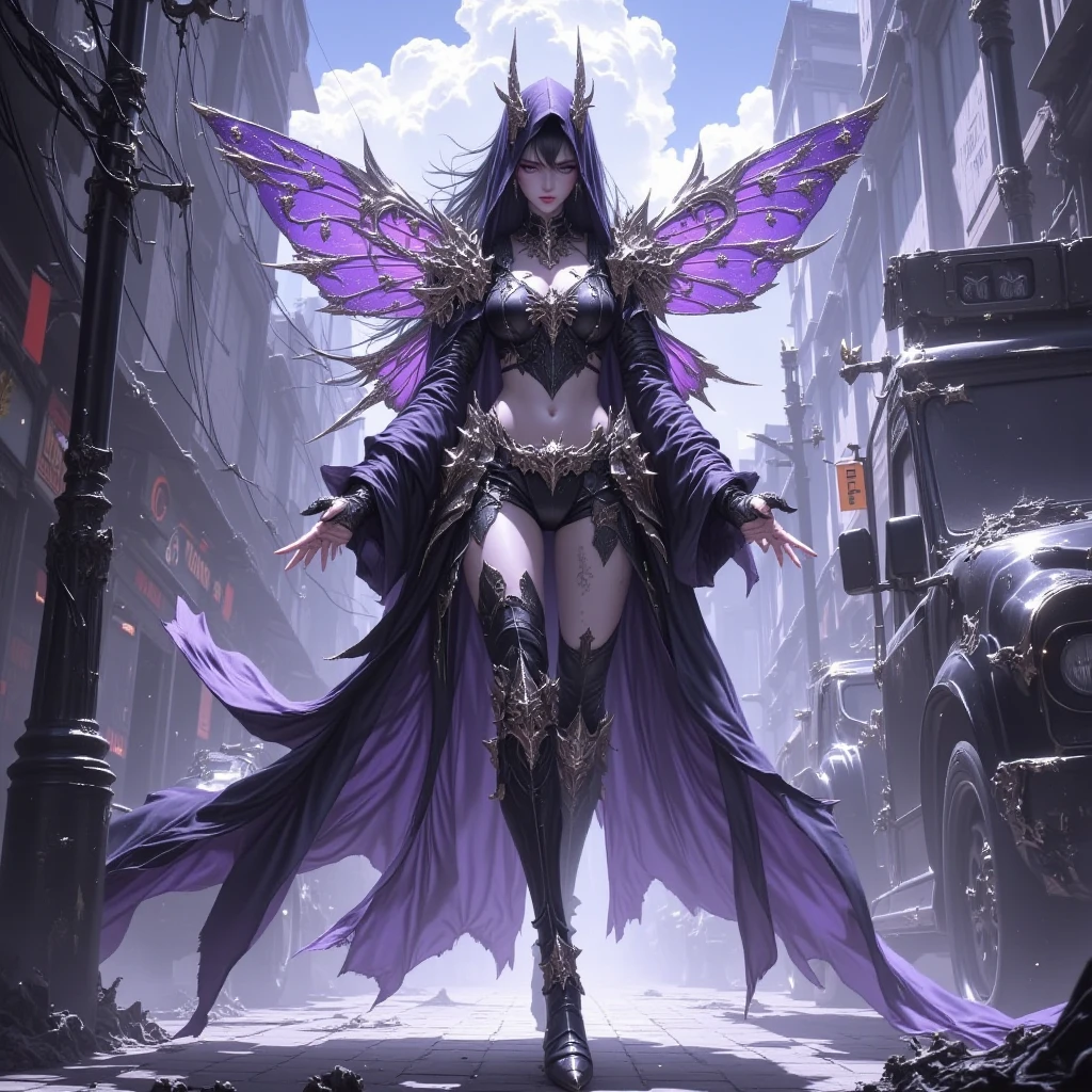 Rihanna hyper-giant, Hyper-powerful demon with two demon horns on his head and demon wings, Purple lightning fire on a building and shatters buildings , ville en ruine post apocalyptique,