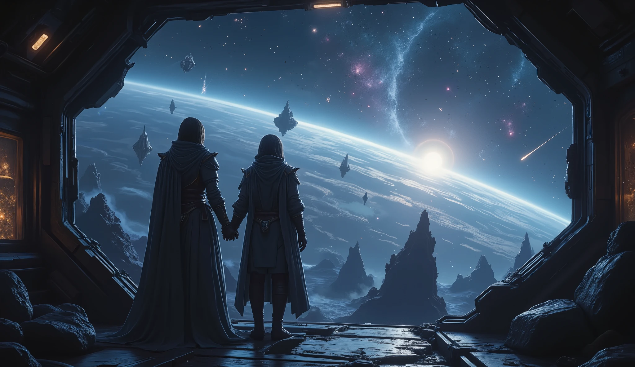 🌌 **A vast, quiet galaxy.**  
- **The remnants of Kael’s fleet drift lifelessly, swallowed by the gravity of the dying star.**  
- **The once-chaotic battlefield is now eerily peaceful, bathed in soft cosmic light.**  
- **Stars twinkle in the distance, undisturbed, as if mourning the fallen.**  

👨‍🚀 **DORAN & MIRA stand inside their ship’s observation deck.**  
- **They watch the distant horizon, the remains of Elara’s final stand barely visible.**  
- **Mira’s hands tremble slightly, holding a shattered insignia—Elara’s.**  
- **Doran, usually strong, now wears an expression of quiet sorrow.**  

🎙️ **MIRA (soft, whispering):** *"Dia benar-benar melakukannya..."*  
🎙️ **DORAN (gritted teeth, voice shaking):** *"Dan kita ada di sini... karena dia."*  

✨ **OUTSIDE THE SHIP:**  
- **A faint energy flickers in the distance—a last echo of Elara’s sacrifice.**  
- **A single shooting star streaks across the void, vanishing into infinity.**  

🎵 **MUSIC BUILDS—HOPEFUL YET MELANCHOLIC.**  
- **The first dawn of a new era begins.**  

💬 **FINAL TEXT ON SCREEN:**  
*"A hero's sacrifice echoes across the stars..."*  
*"But the fight for the future has only just begun."*  

🎬 **FADE TO BLACK.**  

Style: Reflective, Emotional, Cosmic Serenity  
Lighting: Soft blues and purples, subtle light refractions, deep space atmosphere  
Resolution: 4K, Hyper-detailed, Cinematic Melancholy  
