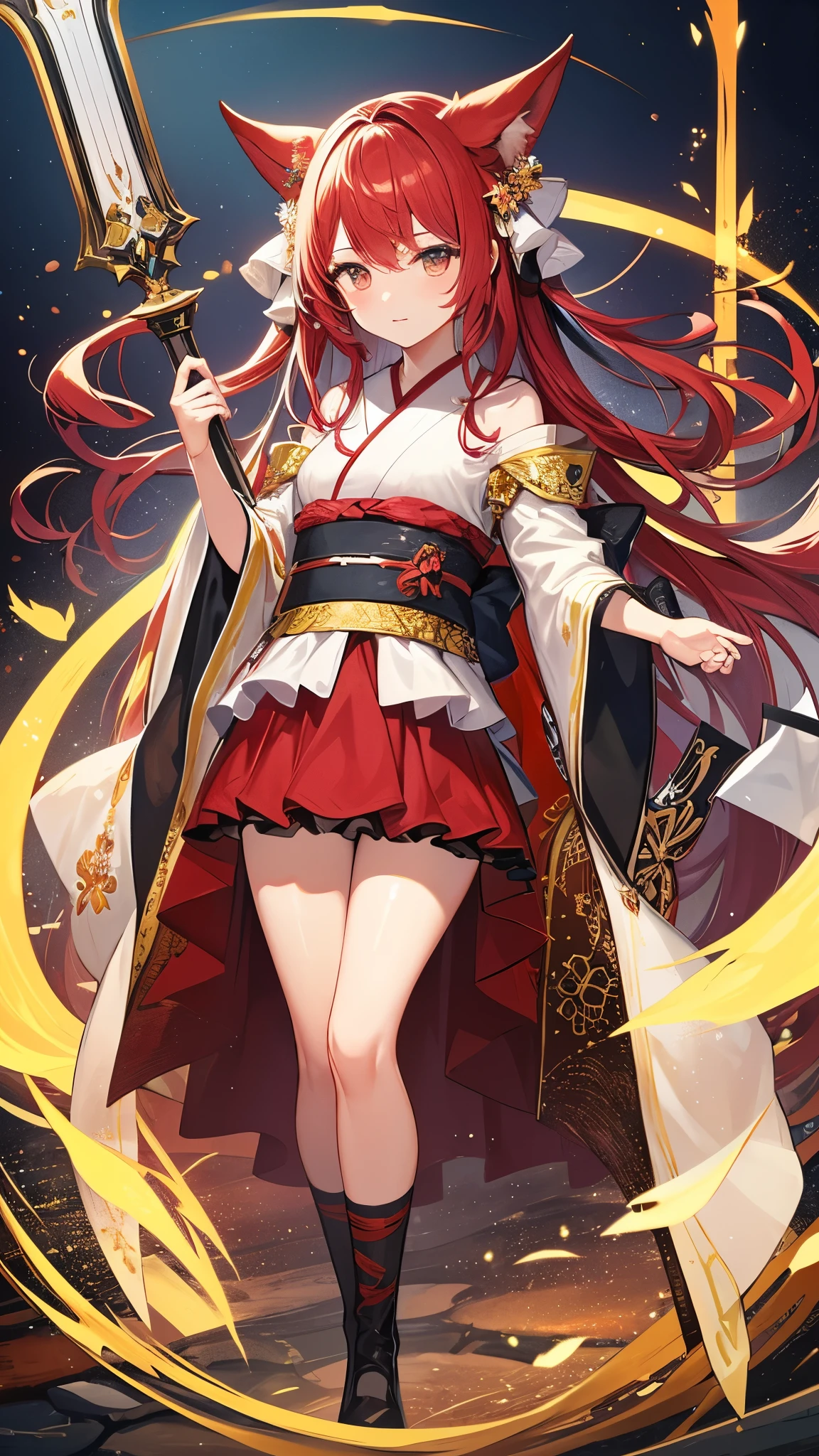 in ultra high quality、 Very Delicate、 girl、 red hair 、 kimono、Long sword、 fox ears