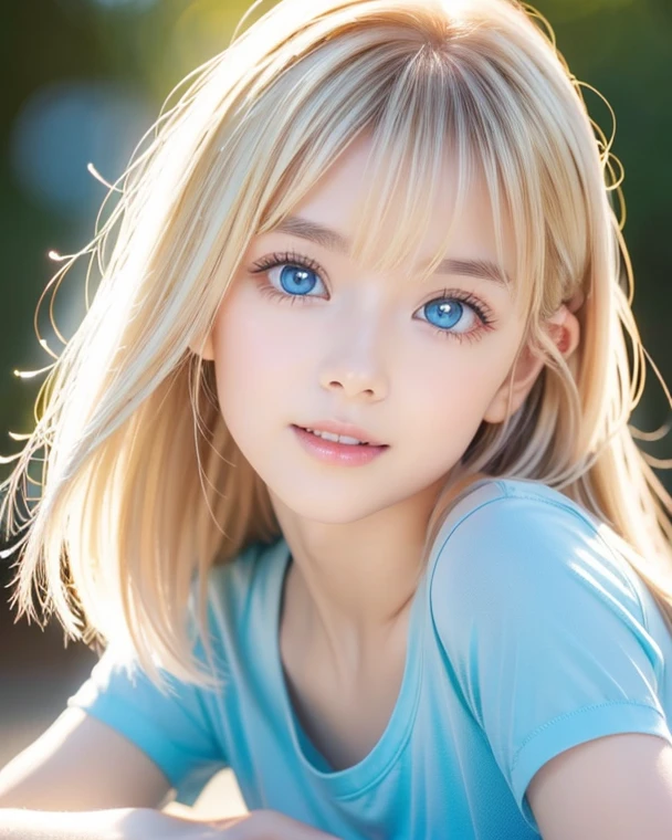 Sexy 17 year old with dazzling shiny blonde hair、The cutest little beautiful face in the world、Sparkling bangs dancing in front of her pretty face、Long, silky bangs that cover the eyes、Large, clear, bright blue eyes、Hair above the eyes、Hair on the face、Super long straight hair、Cute young woman with super long blonde shiny light hair、Small Face Beauty、Round face、Ample Bust
