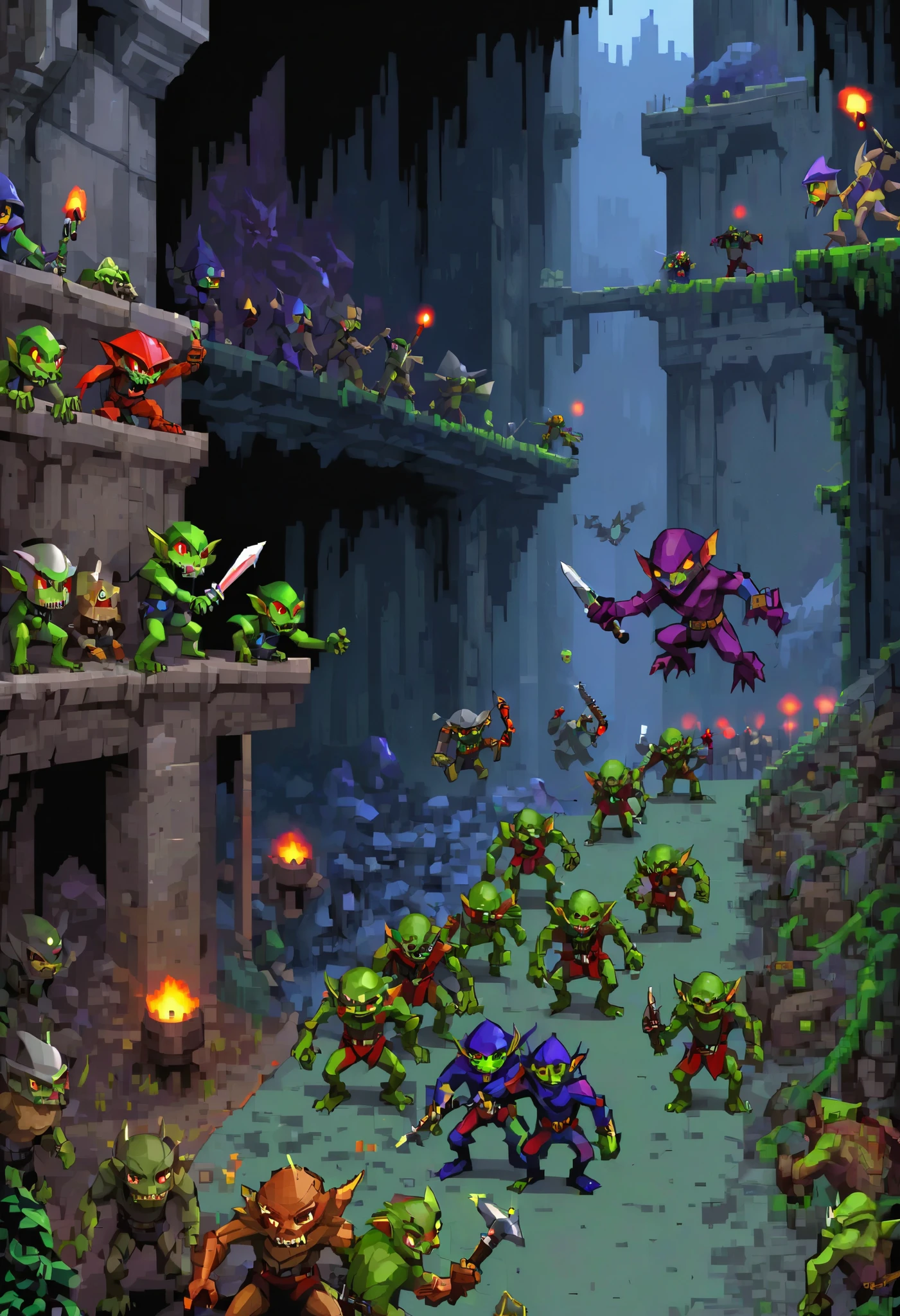 RPG game screen 、2D、2 heads、8 bit dot picture、 explore an underground metropolis 、 lots of goblins move around、The hero of those who fight against a group of goblins