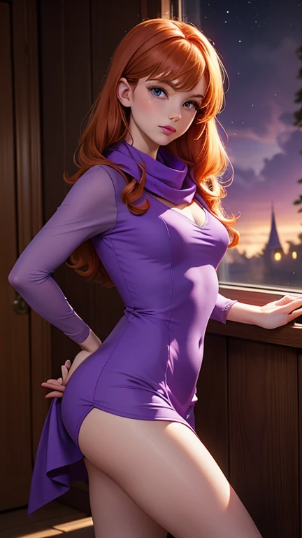daphneblake, ((orange hair, long hair, bangs, glowing blue eyes, lipstick, makeup, narrow waist, skinny, medium breasts, alone)), pelvic curtain, ((violet dress,wedding dress, Scooped up the ass, gloves)), full body, perfect body, (insanely detailed, beautiful detailed face, masterpiece, best quality) , (((solo))), (((1girl))), (((mature))), (extremely detailed 8k paper CG wall unit: 1.1), (wedding, garden, dusk), (smile face for the viewer), big ass, from back, behind