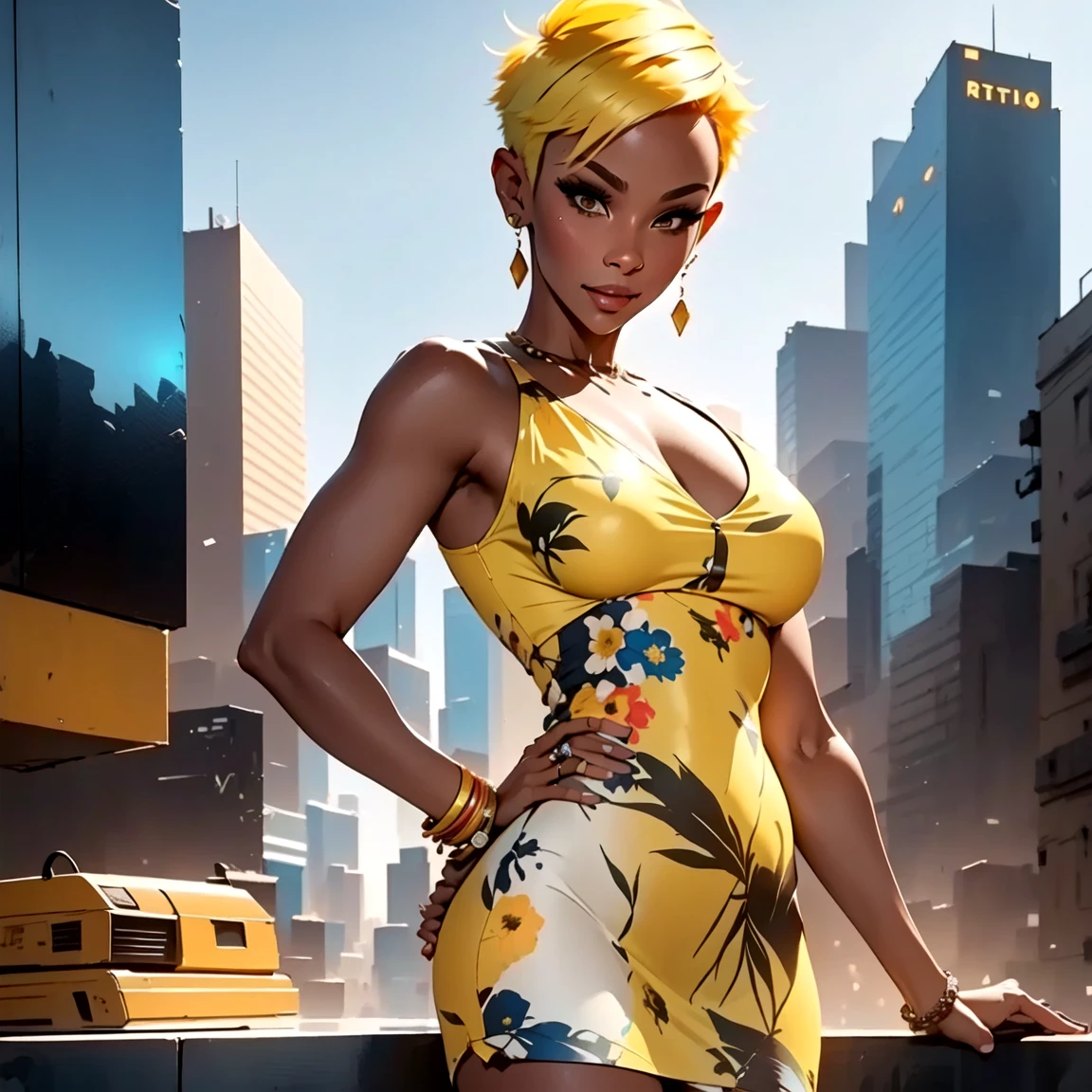 (masterpiece), (best quality), woman, short yellow top fade hair, undercut hairstyle, floral short dress, best quality, (best quality:1.1), ultra detailed, reflections, extremely detailed, 8k, city garden, detailed background